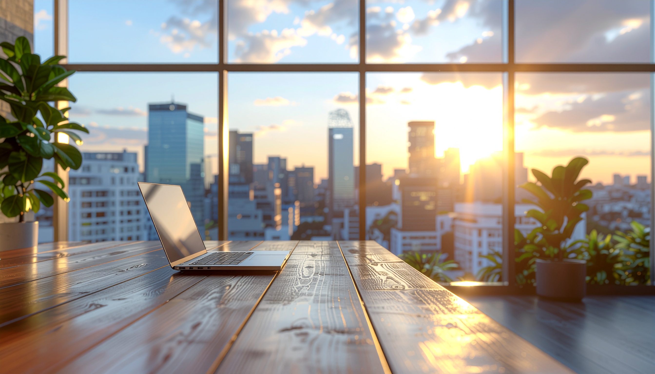 Um laptop prateado repousa sobre uma mesa de madeira polida em um escritório moderno com janelas amplas, mostrando um horizonte urbano ao pôr do sol. A iluminação suave e natural destaca os detalhes da textura da madeira e o brilho do laptop, criando uma cena serena e produtiva. Plantas em vasos nos cantos adicionam um toque de verde e frescor, enquanto o céu alaranjado reflete um ambiente de transição entre o dia e a noite.