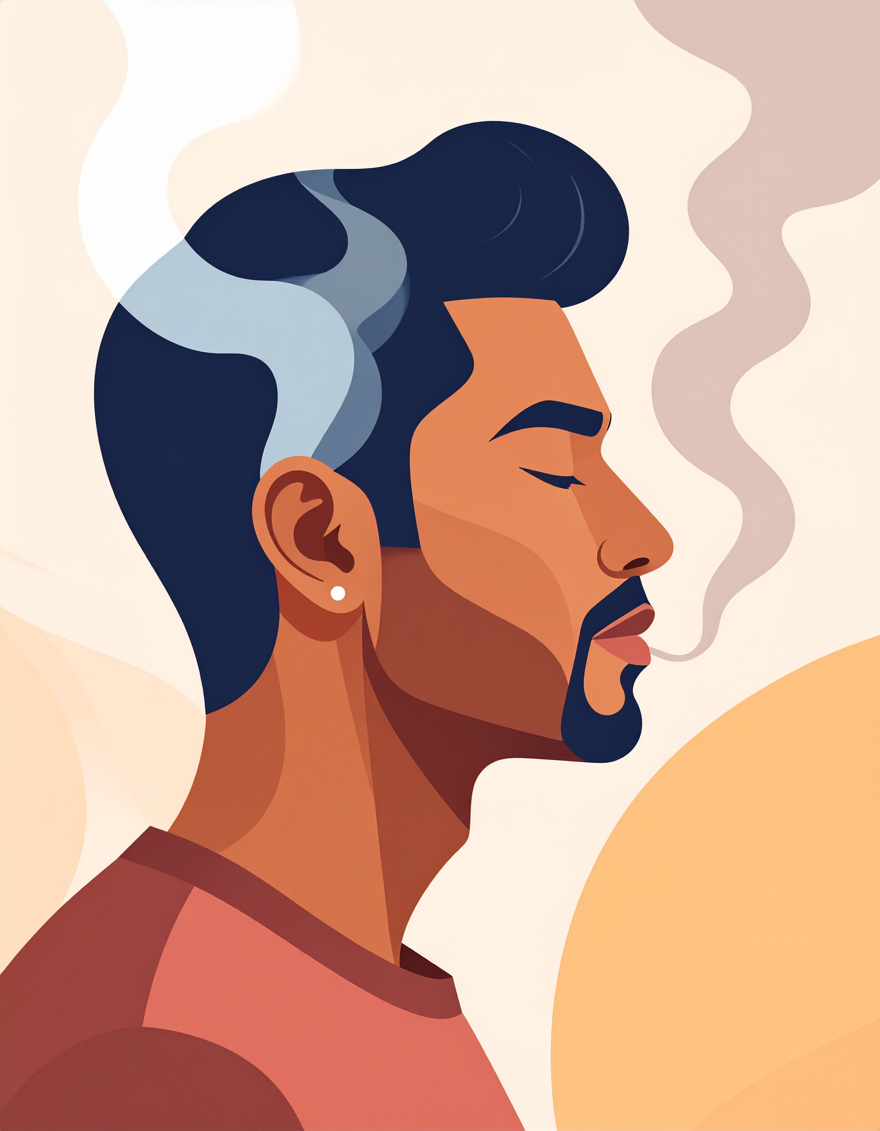 A stylized illustration depicts a man with a serene expression, highlighted by soft, warm colors