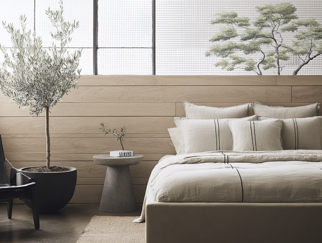 Quarto minimalista e sereno com cama de linho bege, plantas decorativas e parede de madeira clara, transmitindo tranquilidade e conforto em um ambiente moderno e natural.