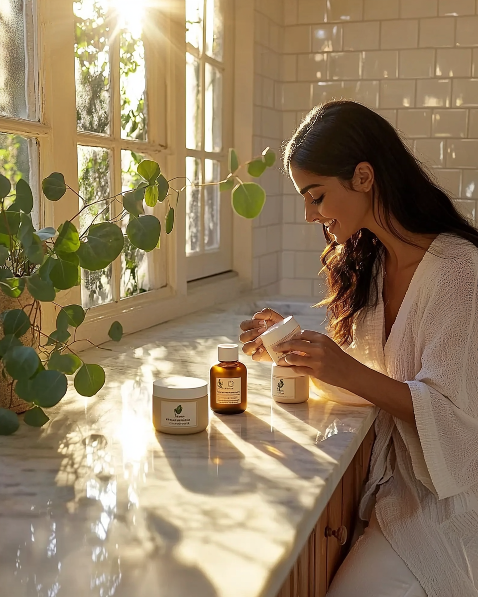 Mulher sentada junto a uma janela ensolarada em uma cozinha, examinando potes de cosméticos sobre uma bancada de mármore clara. A luz suave do sol cria sombras delicadas de folhas e vidro, realçando um ambiente tranquilo e natural. O fundo de azulejos brancos adiciona um toque clean e moderno à composição, enquanto a iluminação quente confere uma sensação de calma e serenidade à cena.