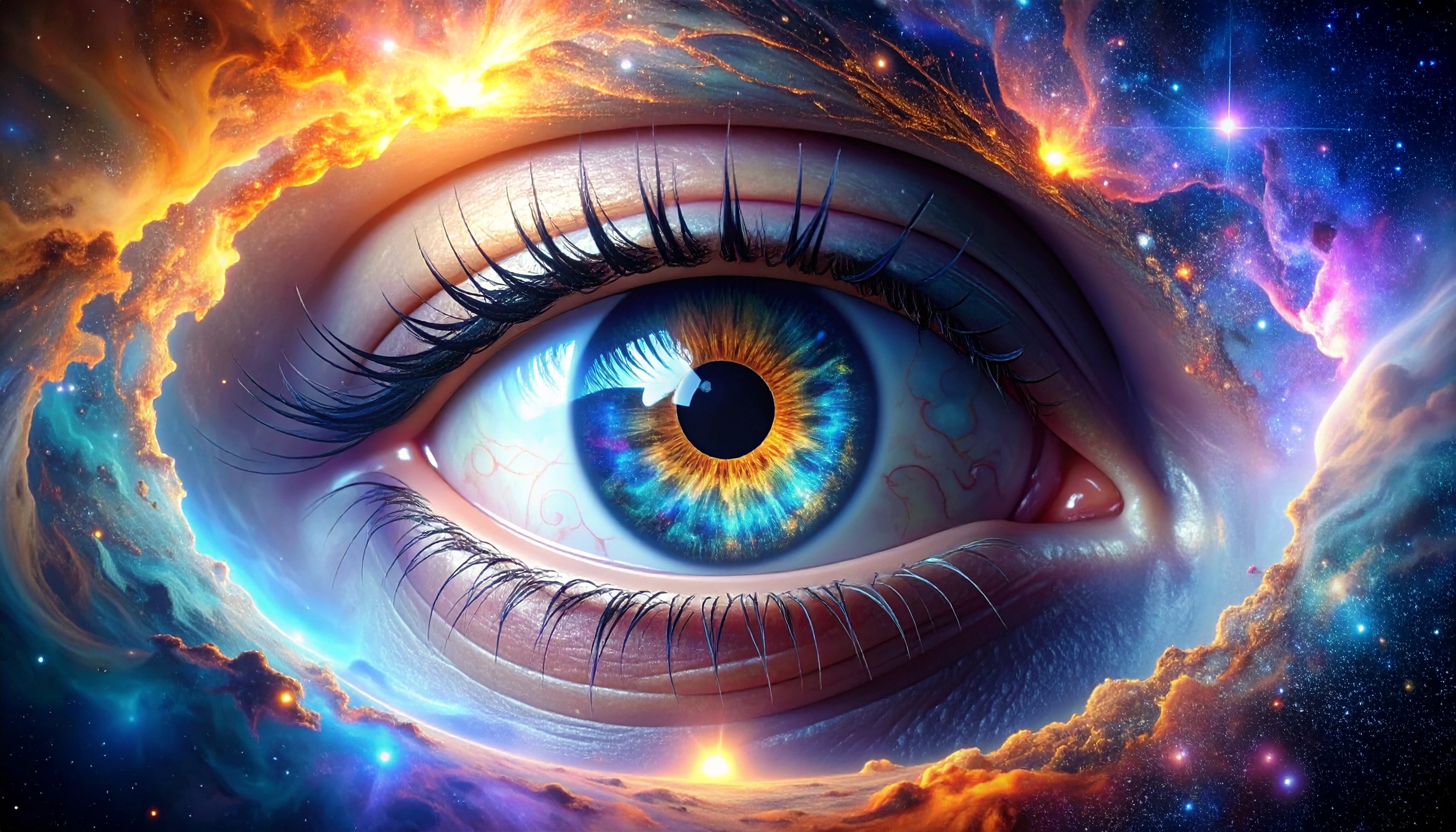 A vibrant eye surrounded by a cosmic nebula creates a surreal image