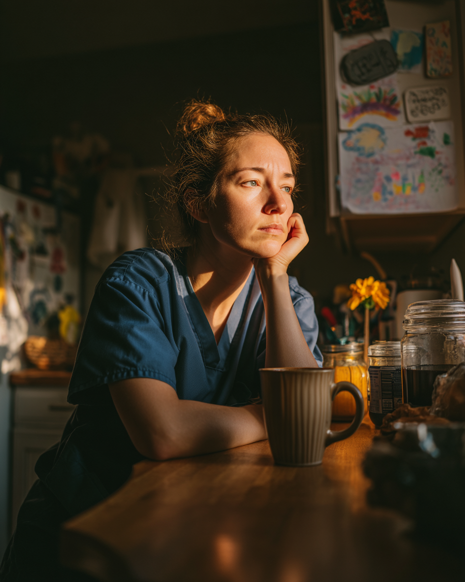 Uma profissional de saúde em um uniforme azul, pensativa, sentada à mesa de café da manhã com uma xícara em mãos, iluminada pela luz suave do sol. O ambiente apresenta elementos como frascos de alimentos e uma flor amarela, refletindo um momento de pausa e reflexão na rotina diária.