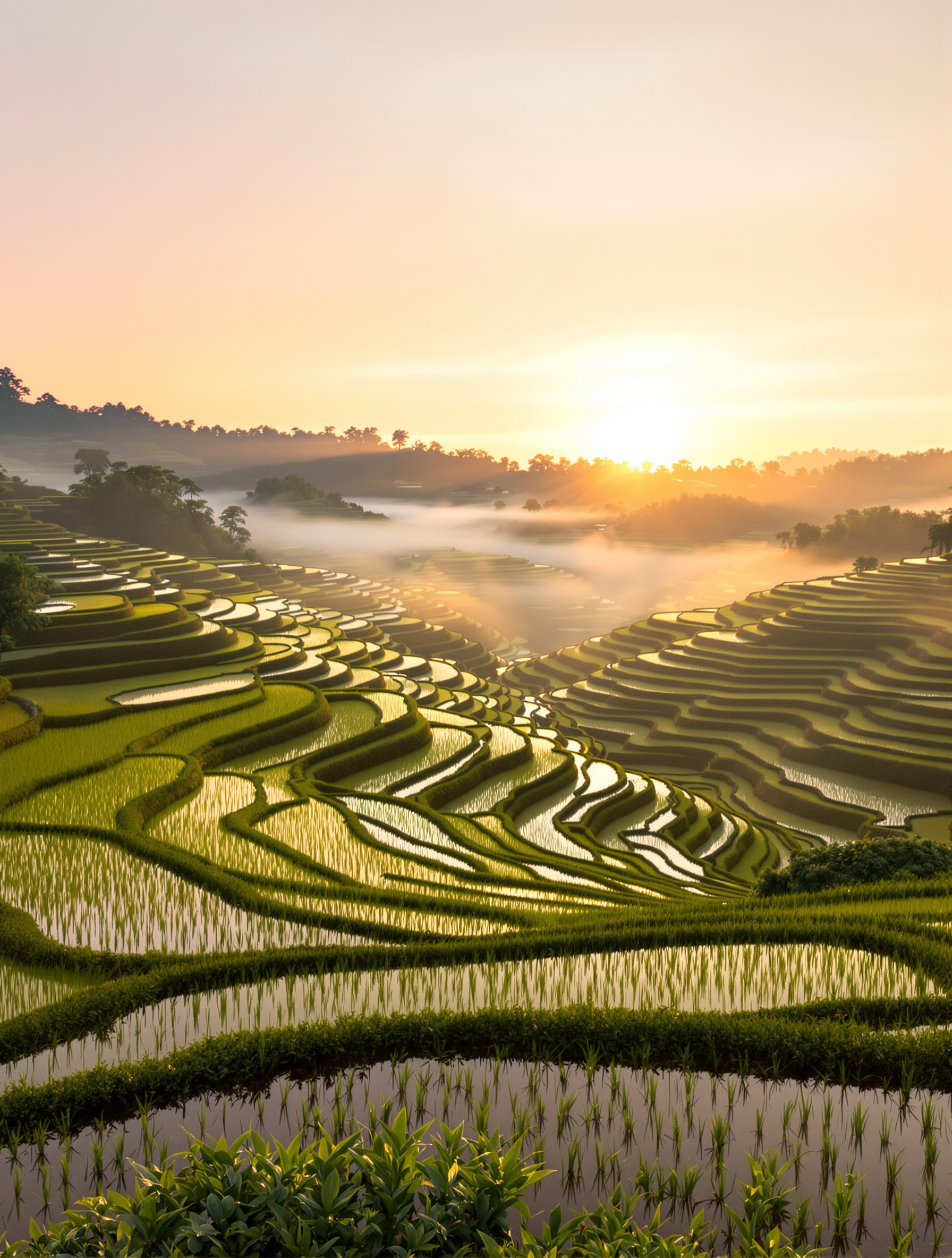 Stunning terraced rice fields at sunrise create a picturesque landscape