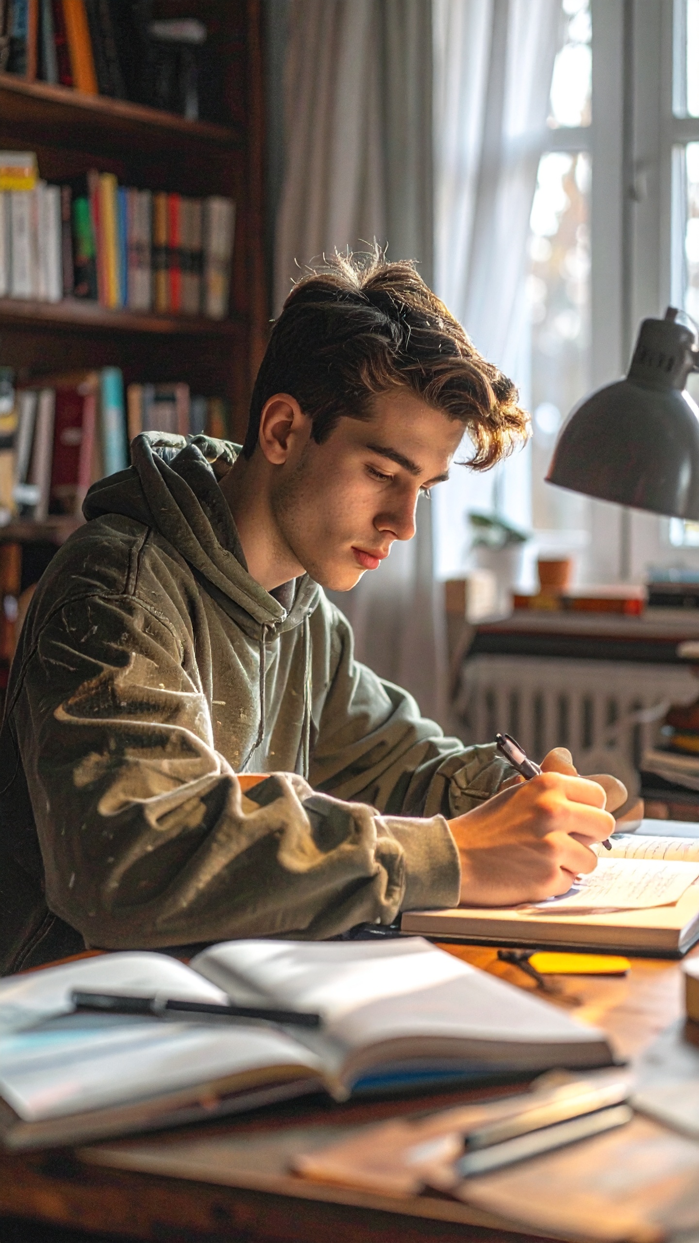 A young man studies intently at a wooden desk, illuminated by natural light from a nearby window