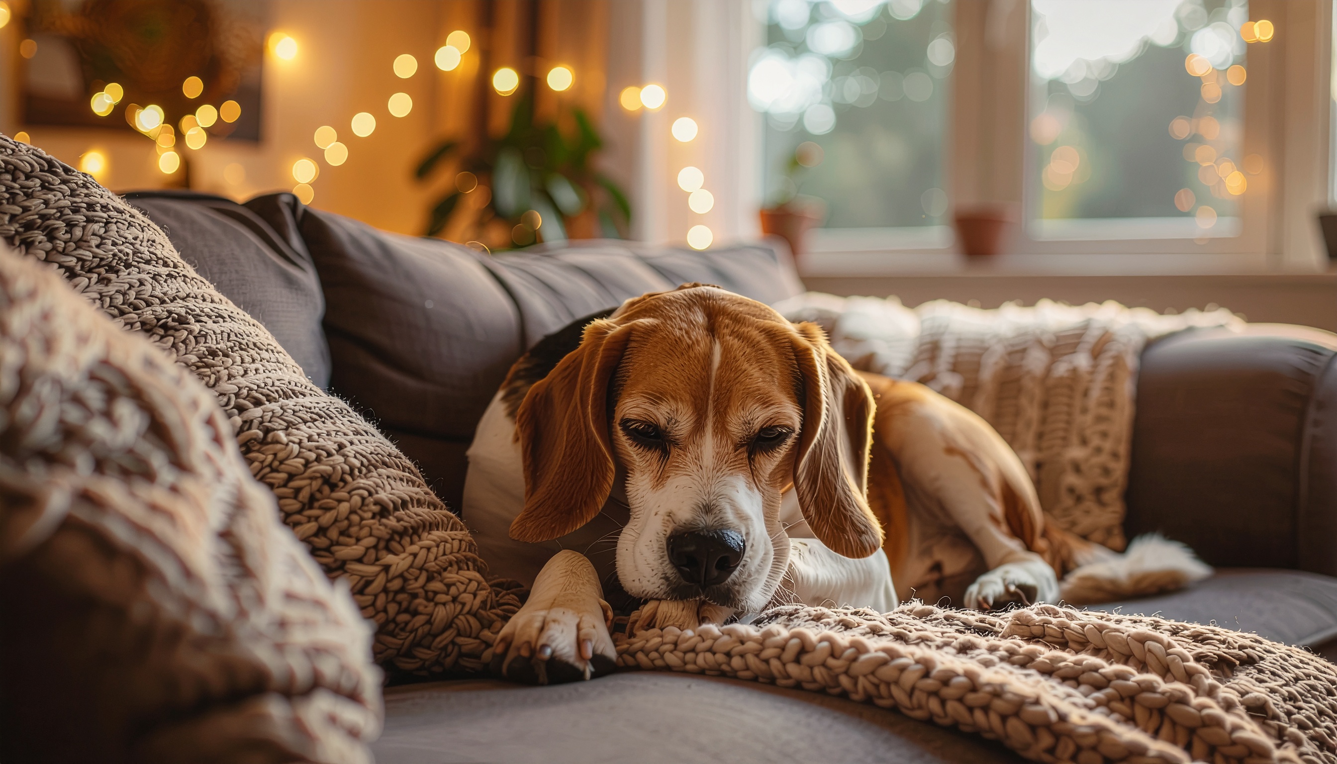 Beagle descansando confortavelmente em um sofá aconchegante, cercado por almofadas de tricô e luzes suaves, criando um ambiente acolhedor e sereno em uma sala de estar iluminada.
