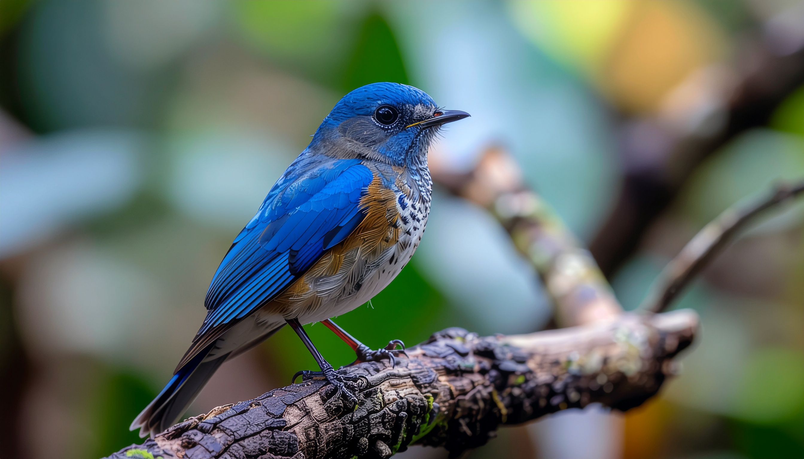Colorful Bird with Blue and Brown Feathers on a Textured Branch