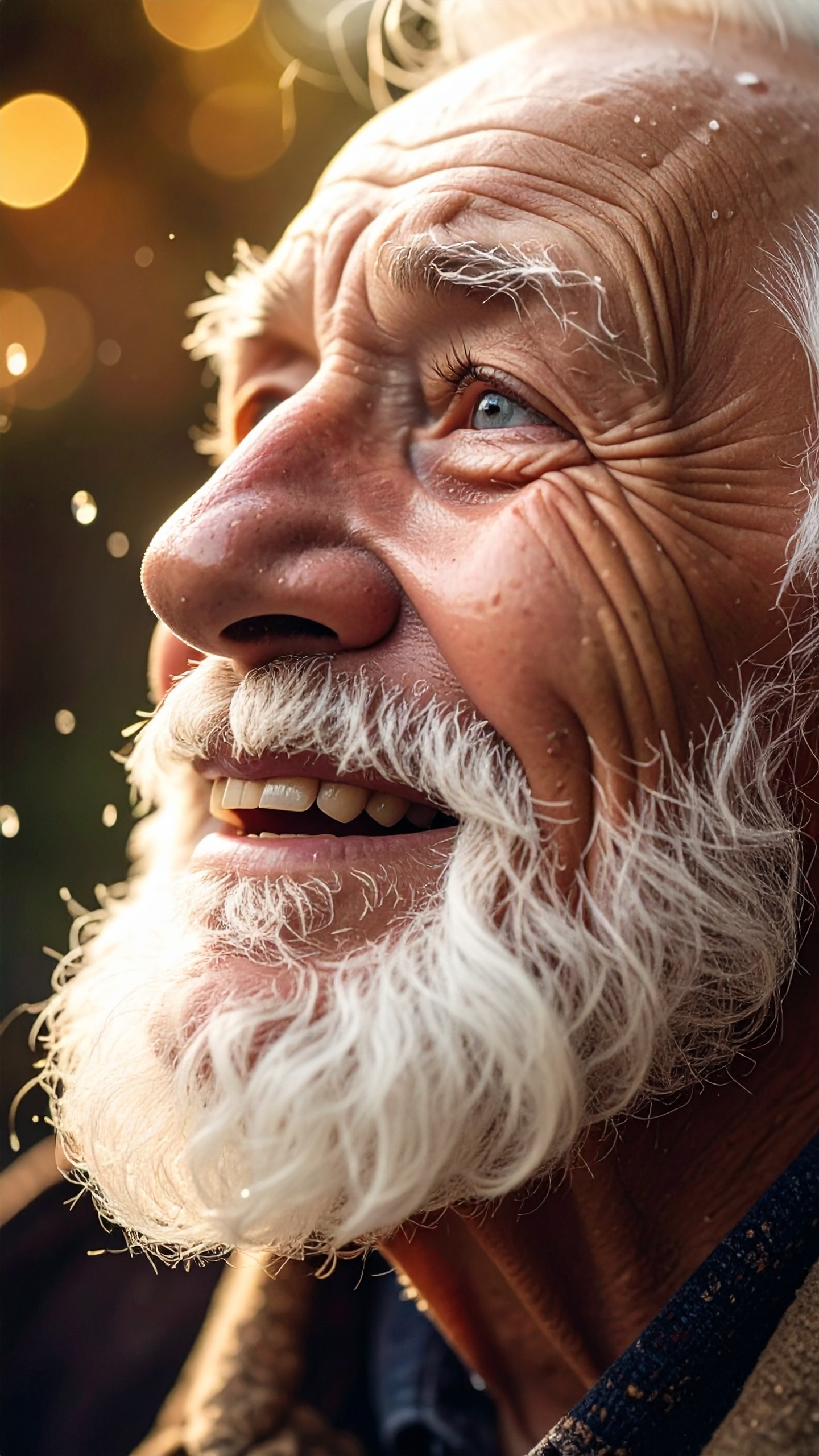 A joyful elderly man with a white beard smiles warmly, captured in natural light