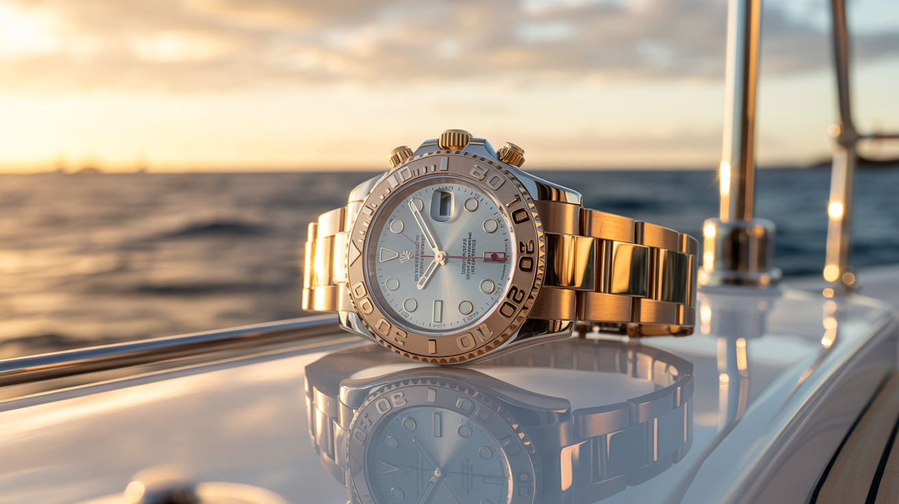 Luxury Gold Watch on Boat Surface at Sunset