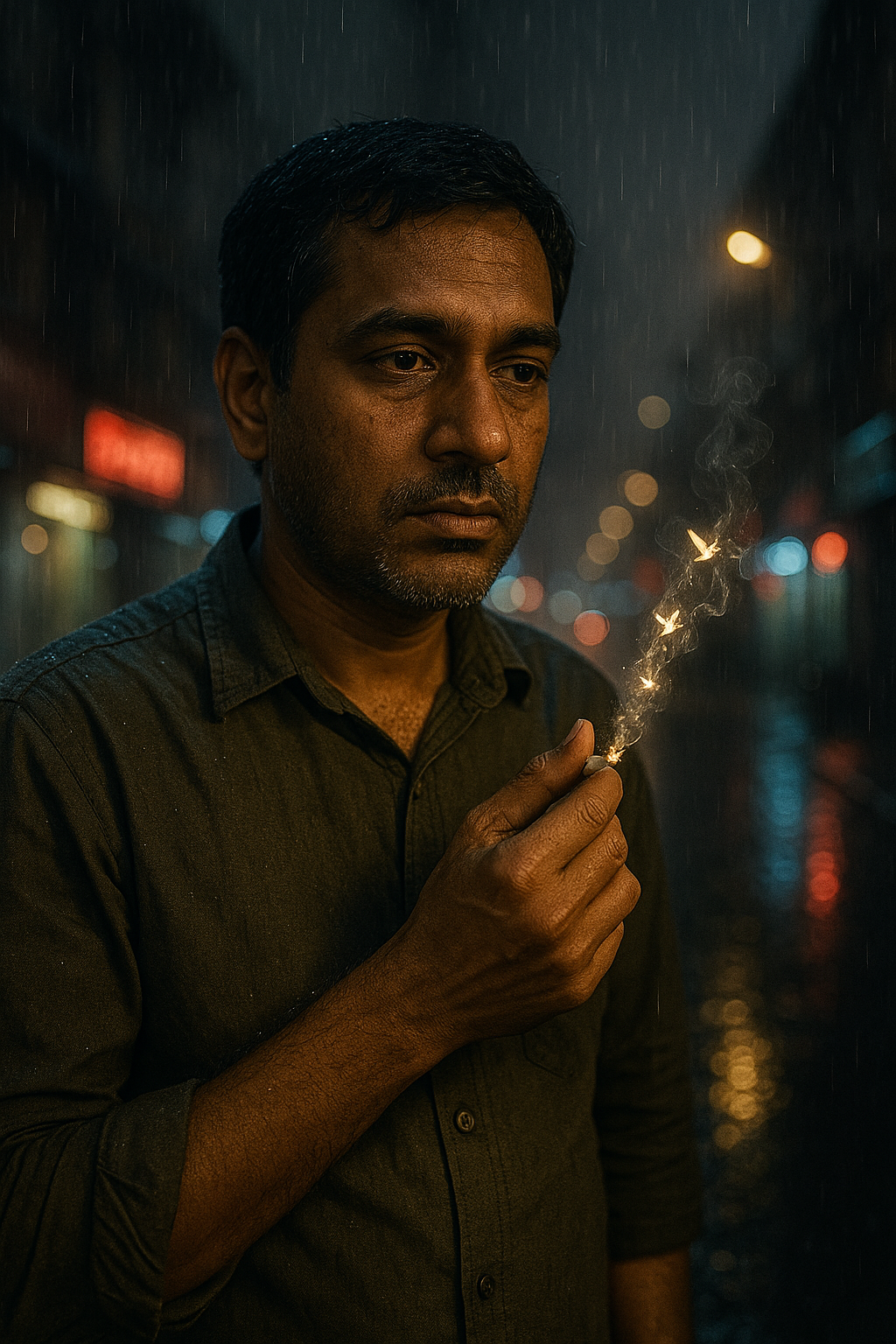 A man stands in a dimly lit urban setting, holding a sparkler