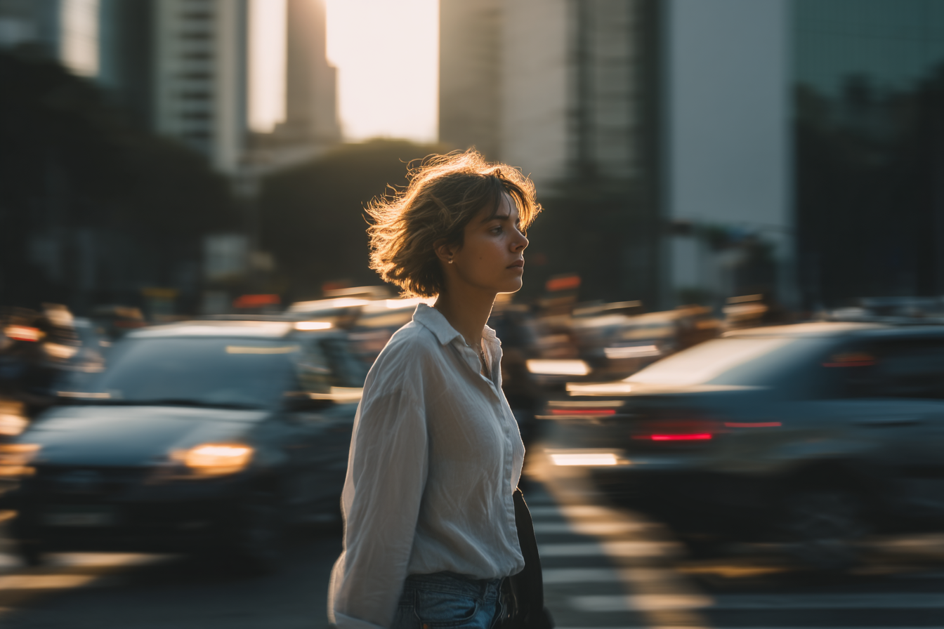 A imagem apresenta uma jovem mulher caminhando em uma rua movimentada durante o pôr do sol. As cores quentes do sol se misturam ao ambiente urbano, criando uma atmosfera vibrante. A mulher, vestindo uma camisa clara e jeans, é o foco da cena enquanto os carros ao fundo se movem rapidamente, sugerindo a agitação da cidade.