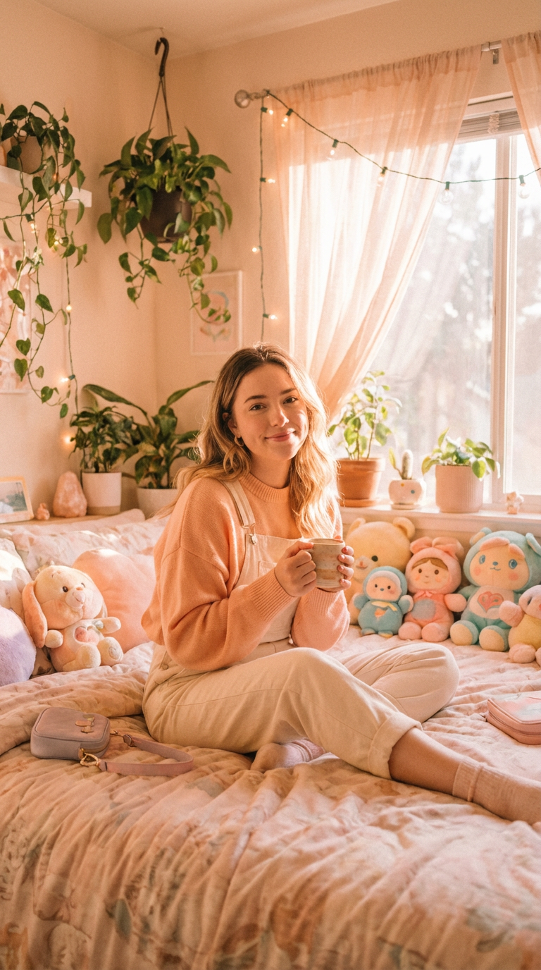 A cozy bedroom scene features a woman in a peach sweater sitting comfortably on a