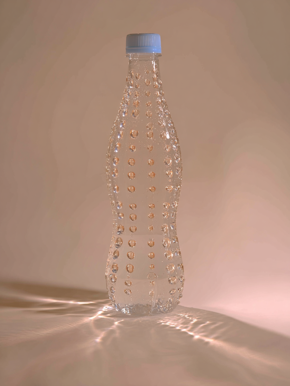 Garrafa transparente com textura de bolhas em fundo bege suave, iluminação suave realçando reflexos, tampa azul clara, composição minimalista com foco na forma e textura.