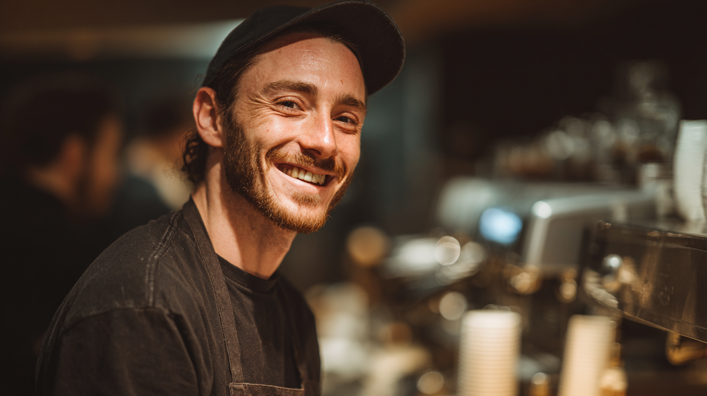Barista sorridente em ambiente acolhedor de cafeteria, usando boné preto e avental. Luz suave e desfocada ao fundo, destacando a máquina de café. A imagem transmite uma sensação de simpatia e profissionalismo, com foco preciso no rosto do homem e profundidade de campo que cria um efeito bokeh agradável.