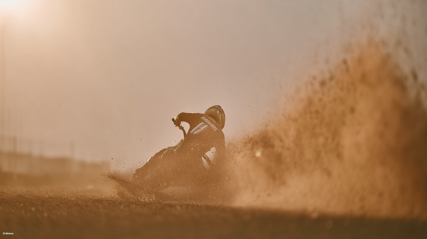 A imagem retrata um piloto de motocross em ação, cercado por uma nuvem de poeira em um ambiente iluminado por luz suave, criando uma atmosfera dramática. As cores predominantes são tons quentes de laranja e marrom, sugerindo um pôr do sol ou uma iluminação ao entardecer. A composição é dinâmica, com o piloto inclinado para frente e a poeira sendo levantada atrás dele, acentuando a sensação de movimento.