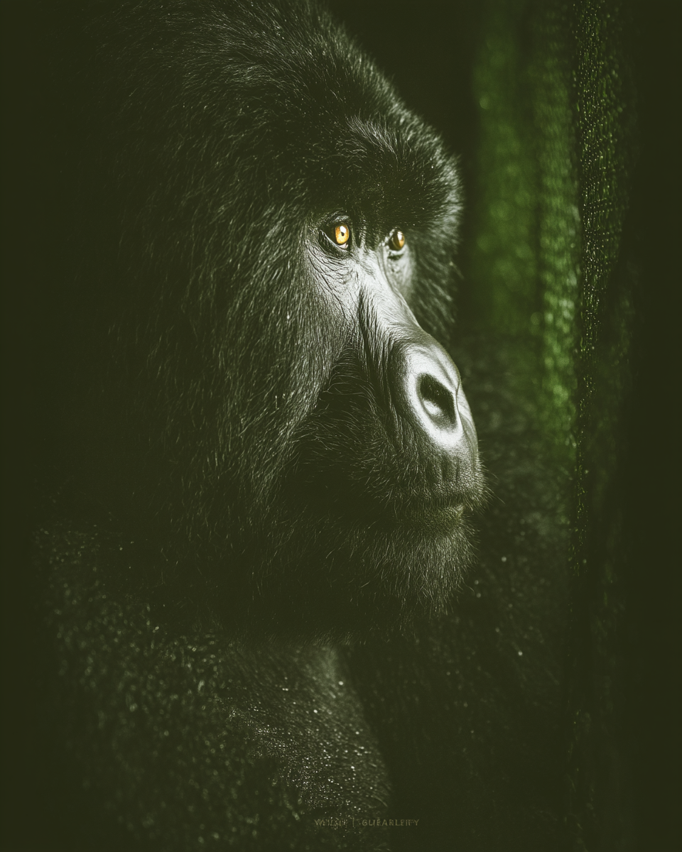 Retrato de gorila em close-up com pelagem escura e olhar intenso. Iluminação suave destaca detalhes faciais e textura, criando uma atmosfera contemplativa e natural. A composição focada realça o contraste entre o gorila e o fundo verde escuro, com profundidade de campo reduzida, capturando a essência selvagem e majestosa do animal.