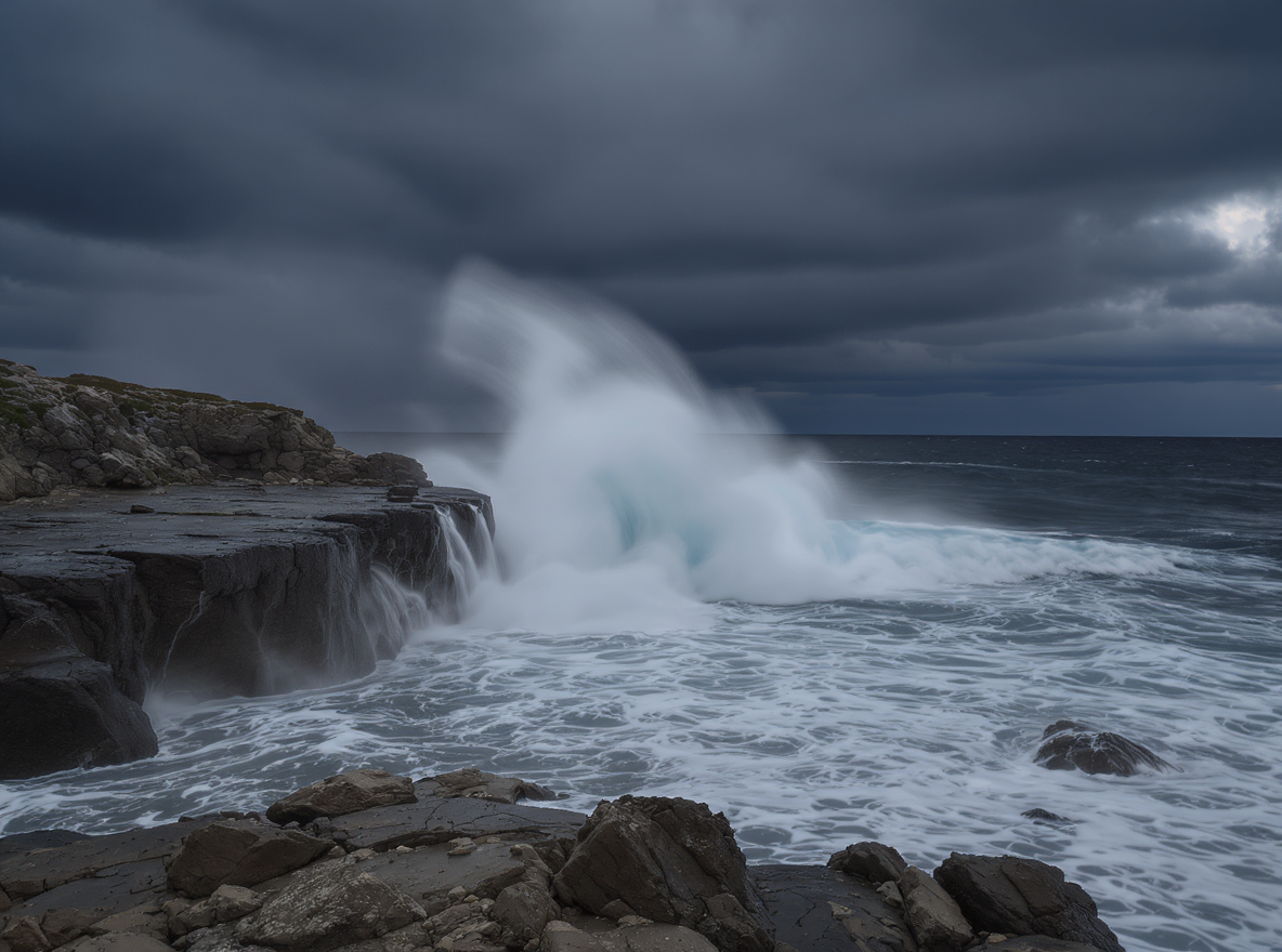 Powerful ocean waves crash against a rugged rocky coastline