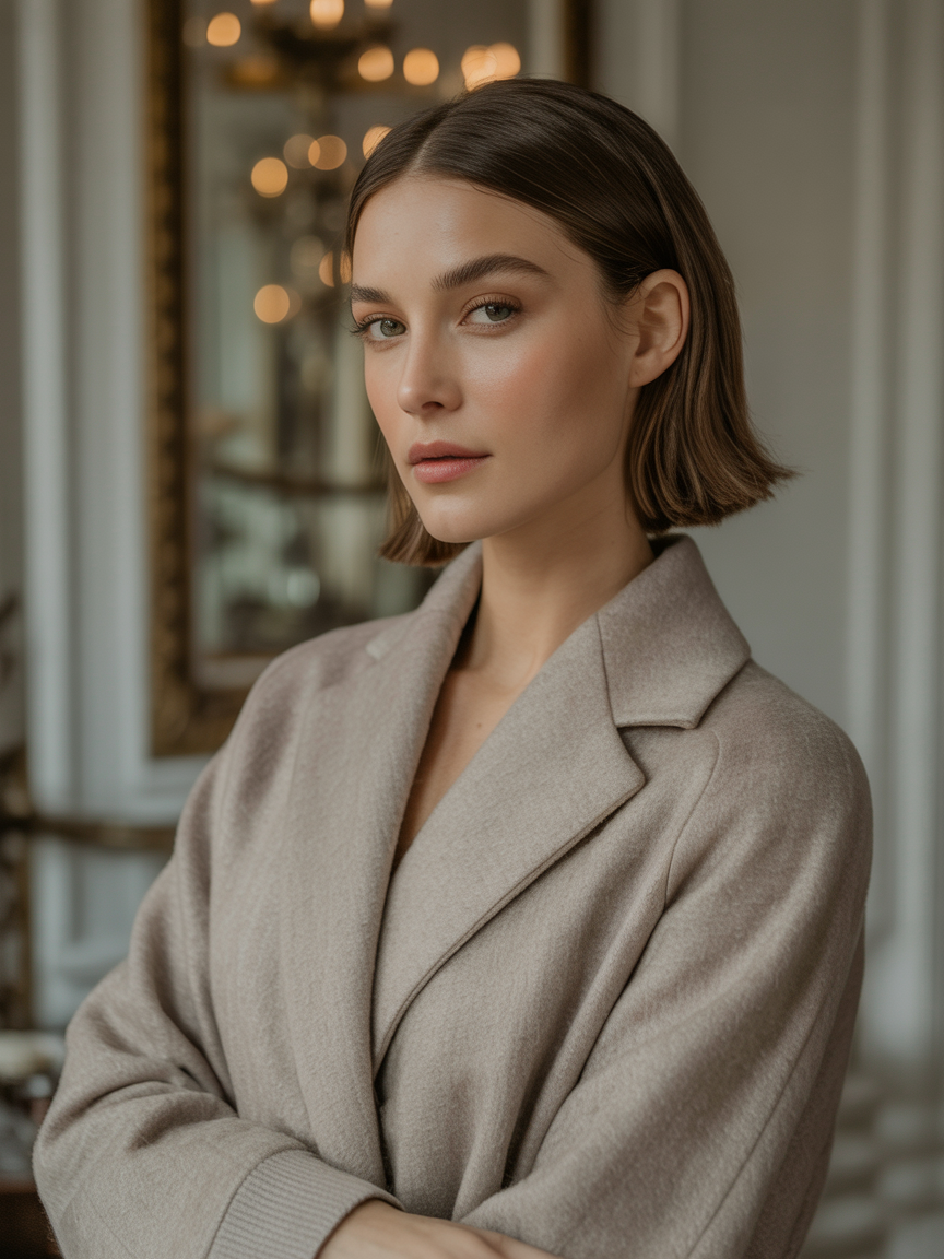 A woman in a stylish beige coat stands confidently in an elegant room