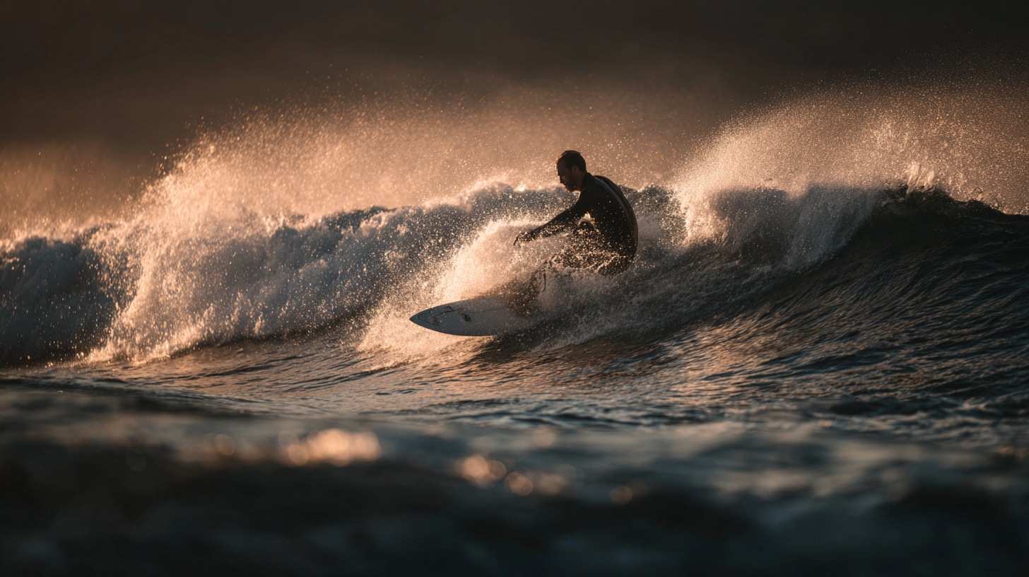 A imagem captura um surfista em ação, cortando ondas em um cenário de luz suave. As cores dominantes incluem tons de azul profundo do mar, complementados por reflexos dourados do sol poente que iluminam a espuma da água. O fundo é escuro, contrastando com os brilhos na superfície da água. A composição é dinâmica, com o surfista centralizado, criando um efeito de movimento e energia.
