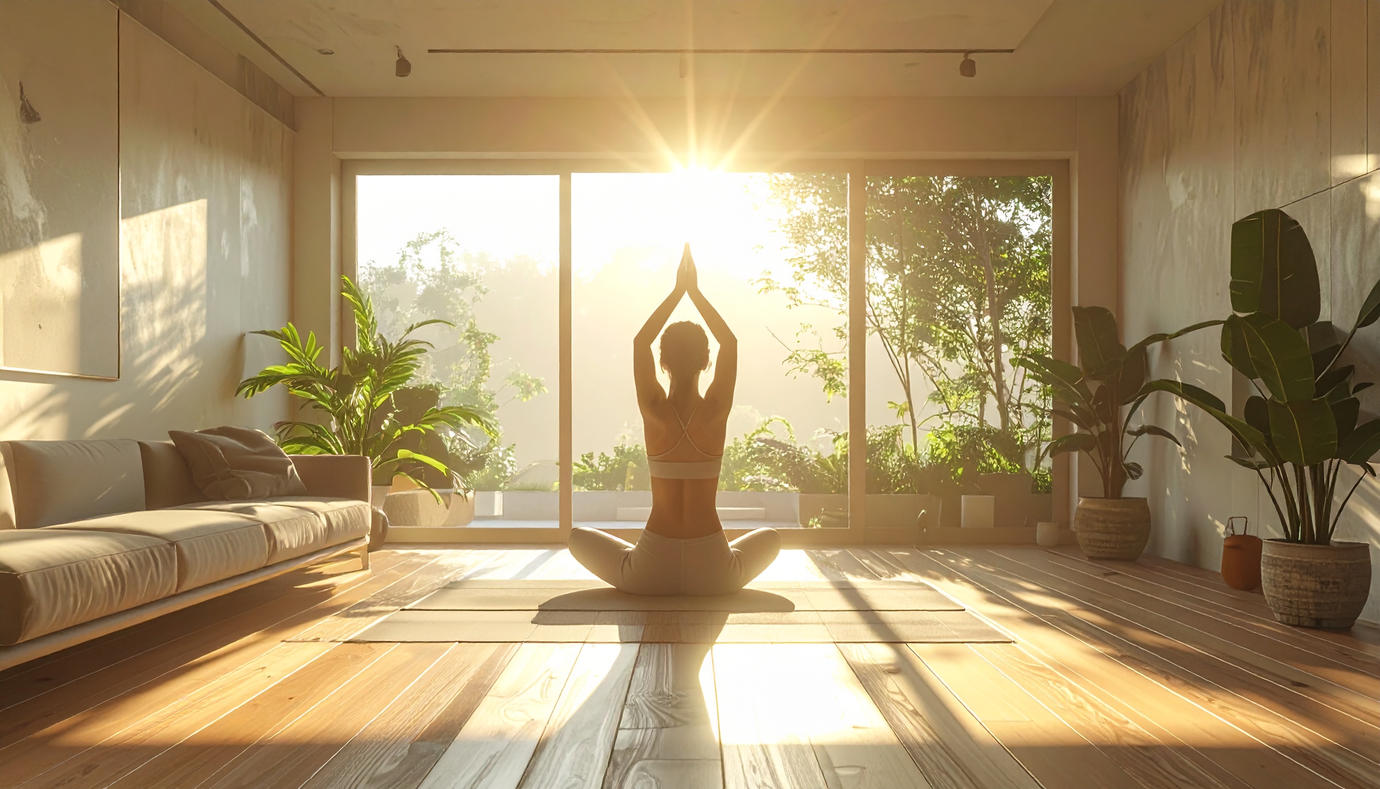 Uma mulher em posição de meditação pratica yoga em uma sala iluminada pelo sol nascente, criando uma atmosfera de tranquilidade e serenidade. A cena é composta por um piso de madeira e plantas verdes ao redor, com luz suave entrando pelas janelas, destacando a silhueta e refletindo paz interior. O ângulo é central e o foco está na harmonia entre o interior e o exterior, com um estilo minimalista e tons naturais.