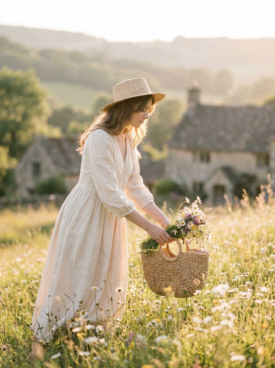 A woman in a straw hat gathers wildflowers in a sunlit meadow
