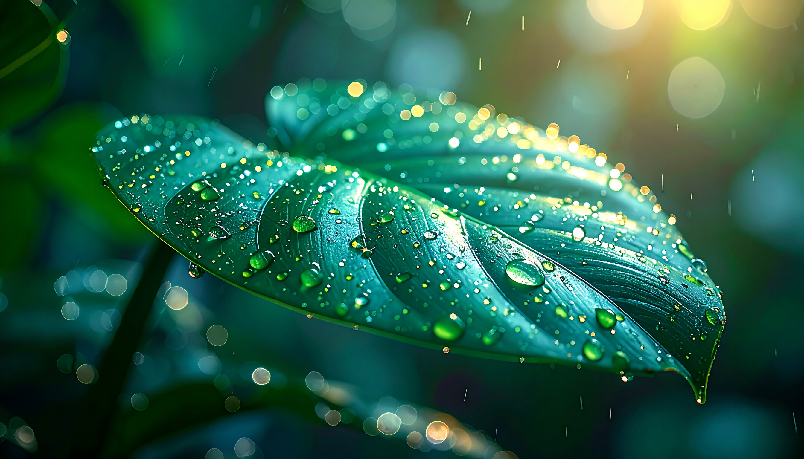 Lush Green Leaf with Water Drops