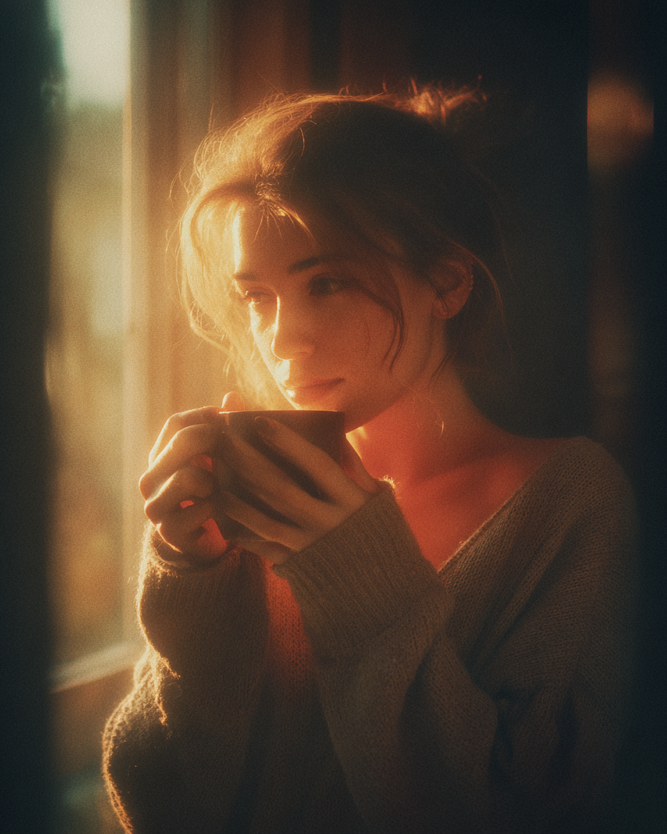Uma jovem mulher segurando uma xícara de café, olhando pensativa pela janela em um ambiente iluminado suavemente pela luz do sol. A cena evoca uma atmosfera de tranquilidade e reflexão.