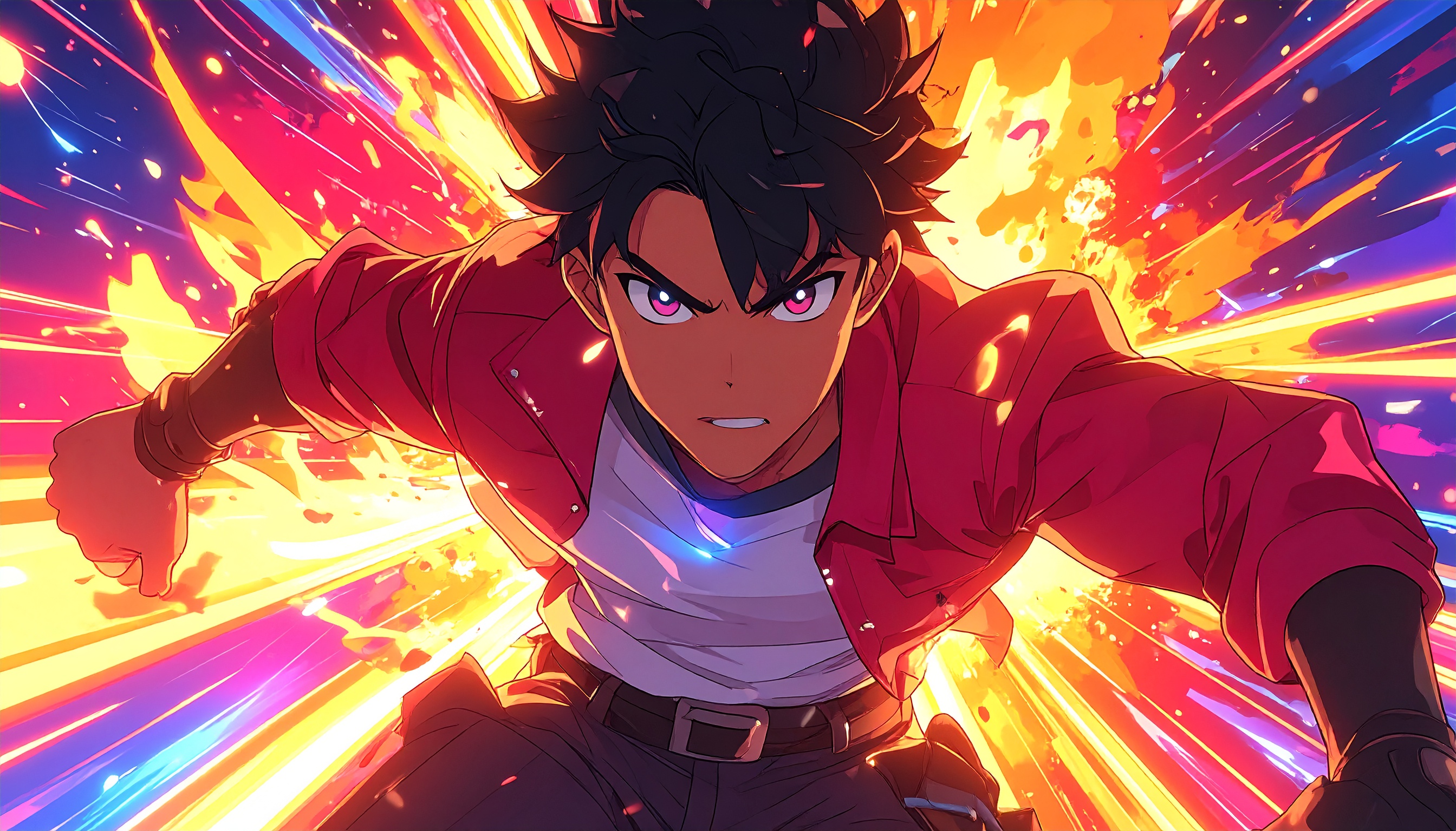 Personagem de anime em pose dinâmica cercado por explosões de cores intensas. Ideal para fãs de animação que buscam inspiração e energia. Cores vibrantes e expressão determinada destacam o dinamismo da cena. Perfeito para decoração de espaços criativos e motivacionais. Traz uma sensação de ação e potencial ilimitado.