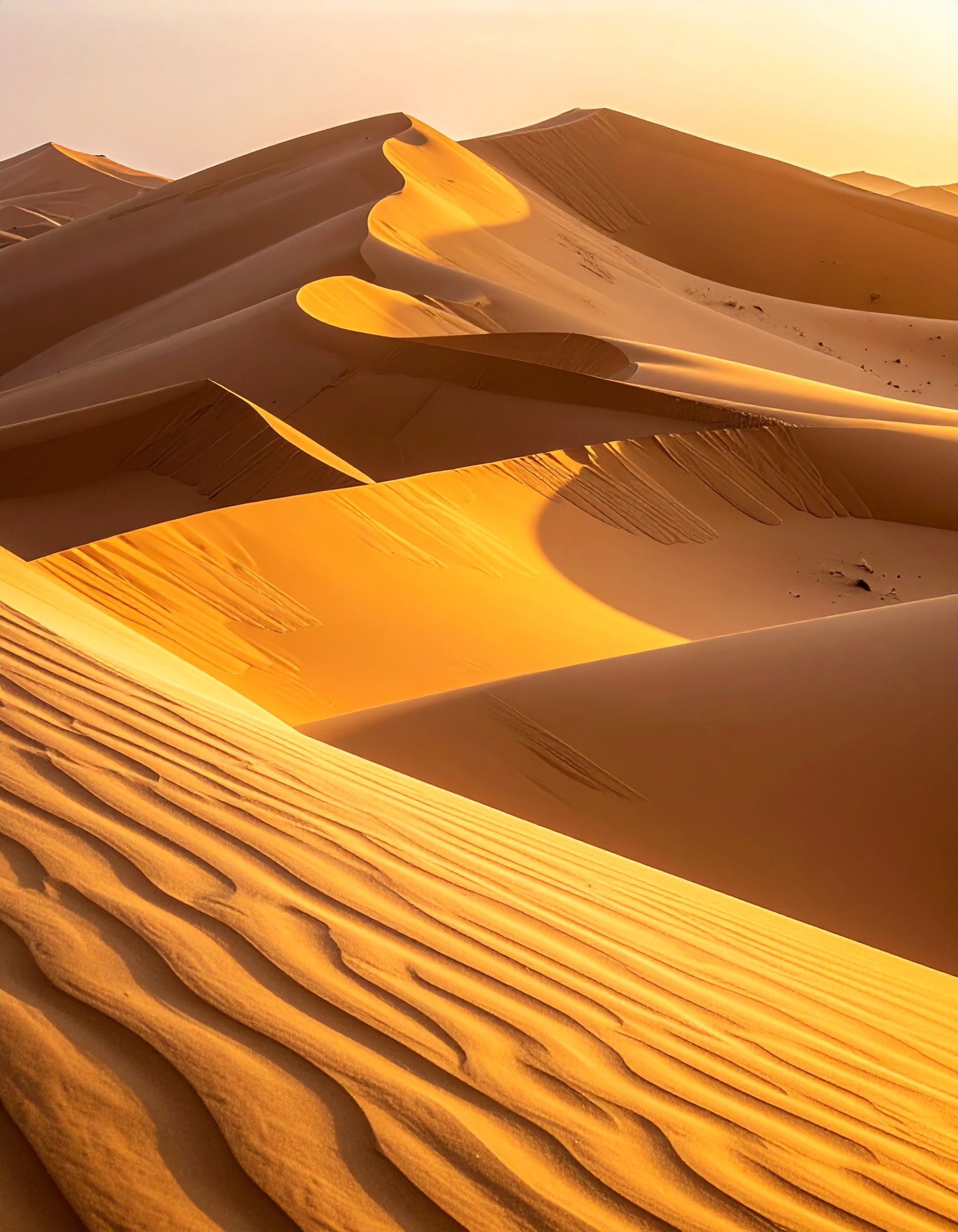 Golden desert dunes under the warm sunlight create a captivating landscape