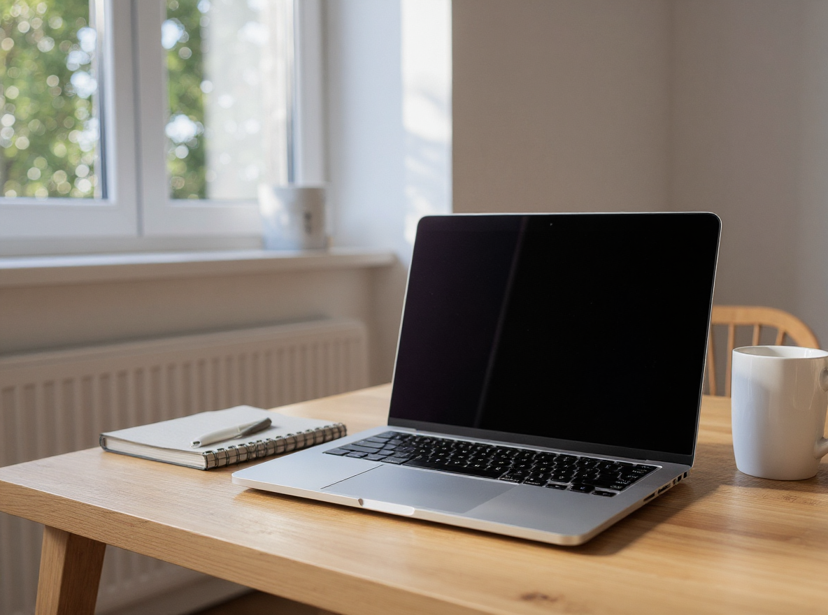 Mesa de madeira clara em ambiente de escritório minimalista com laptop prateado fechado em primeiro plano. Ao lado, um caderno espiral com caneta e uma xícara branca. A luz natural suave entra pela janela, criando uma atmosfera serena e produtiva. A composição é simples e bem equilibrada, com foco suave e ângulo frontal capturando a essência do espaço de trabalho.