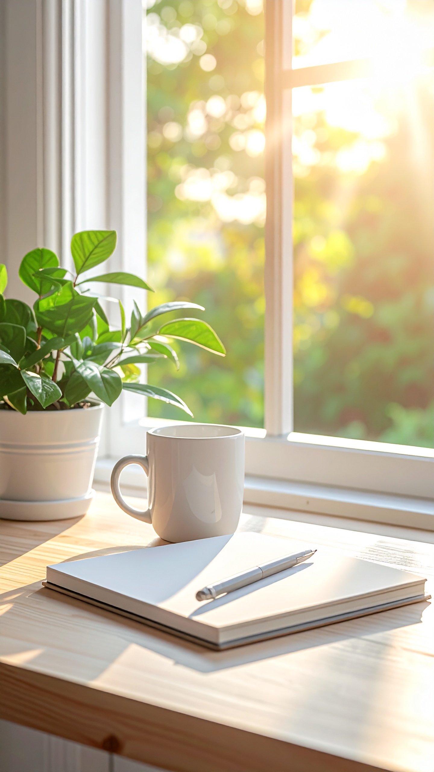 Sunlit desk setup with a white mug, notebook, and plant