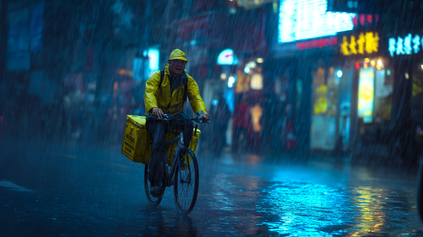 A imagem apresenta um ciclista vestindo um traje de chuva amarelo, pedalando intensamente sob uma forte chuva em uma rua iluminada. A paleta de cores é dominada por tons frios de azul e cinza, contrastando com o amarelo vibrante do traje. Reflexos na água acumulada no chão adicionam um efeito visual dinâmico, enquanto as luzes de neon ao fundo criam uma atmosfera urbana e vibrante.