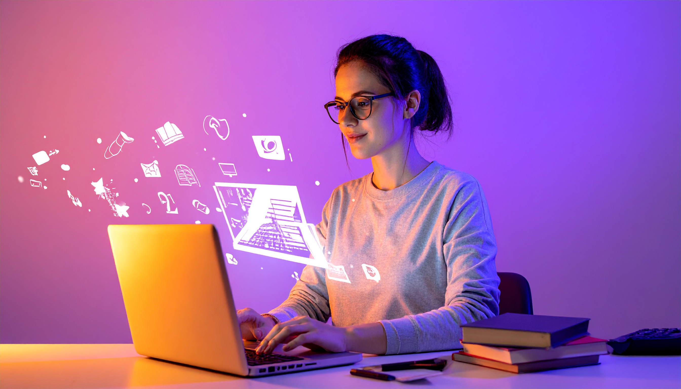 Mulher sorridente usando laptop em ambiente moderno com ícones digitais flutuando. Ideal para representar tecnologia digital e educação online, a imagem destaca a conexão entre aprendizado e inovação. O fundo em tons roxos cria uma atmosfera futurista e envolvente. Perfeita para uso em campanhas de marketing digital voltadas para tecnologia e educação. Acrescenta um toque de modernidade e criatividade a materiais promocionais.