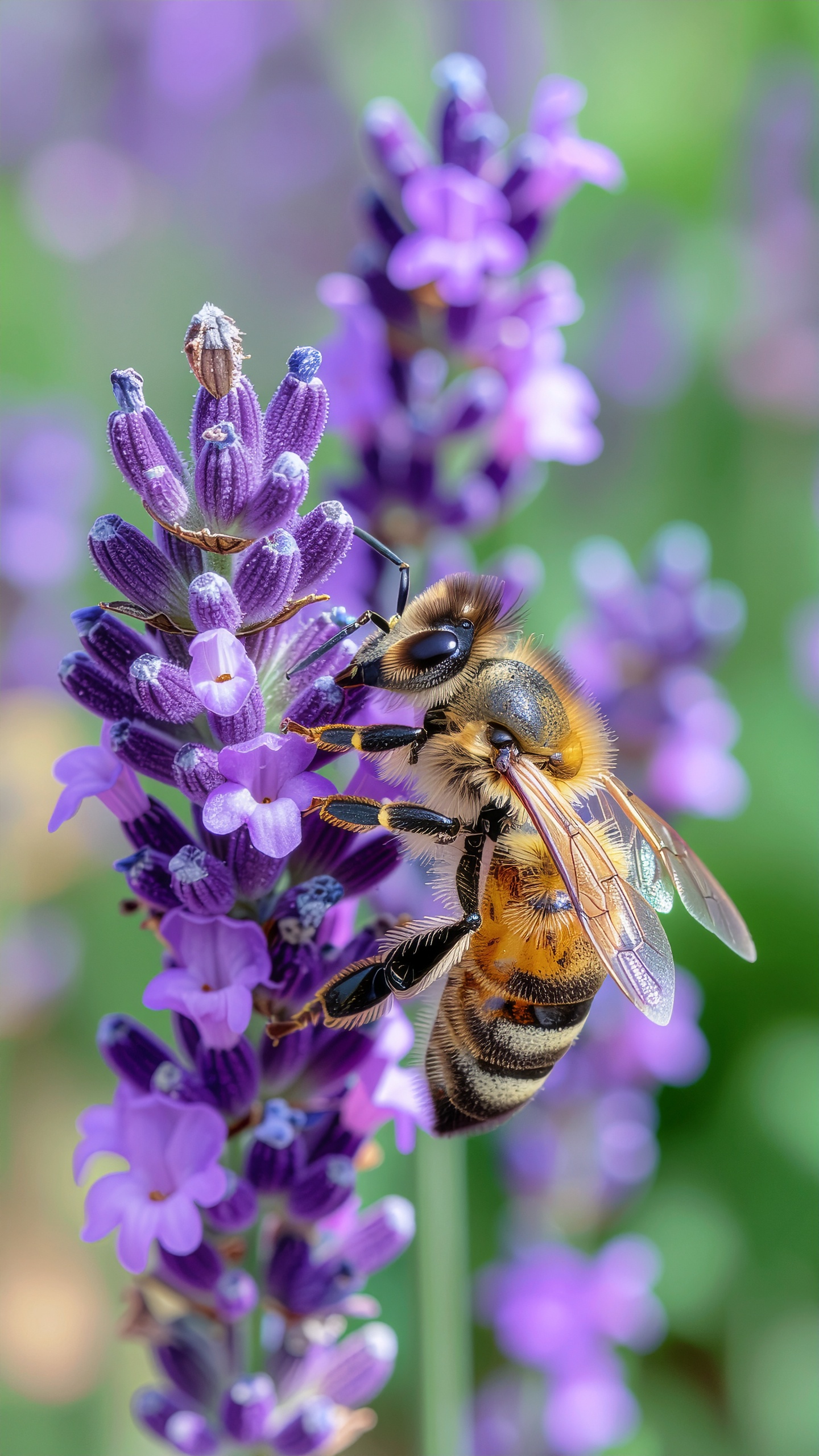 Uma abelha pousa delicadamente sobre uma lavanda vibrante, capturada em um close-up detalhado. A imagem destaca as asas translúcidas da abelha e a textura aveludada das flores roxas, sob uma luz suave e natural. O fundo desfocado adiciona profundidade, acentuando a composição colorida e naturalista da cena.