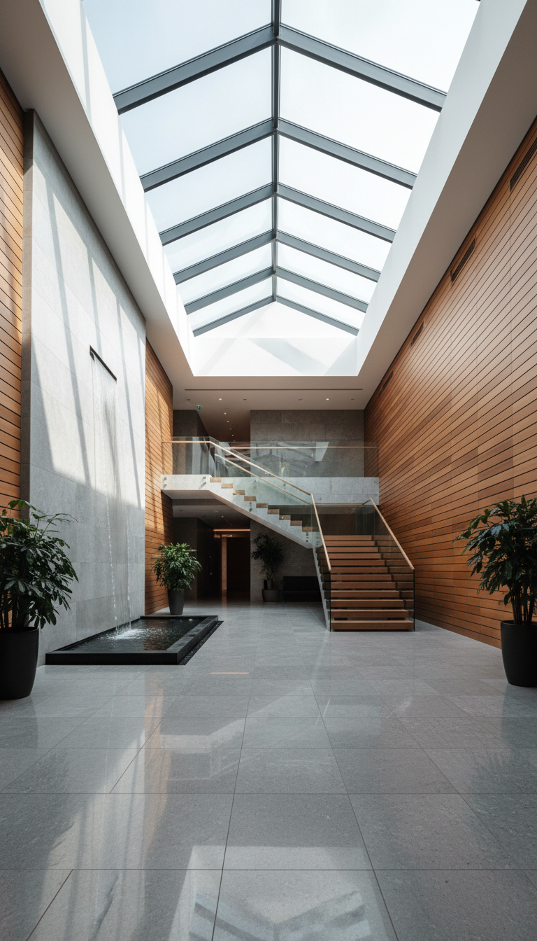 Spacious modern atrium with skylight and waterfall feature