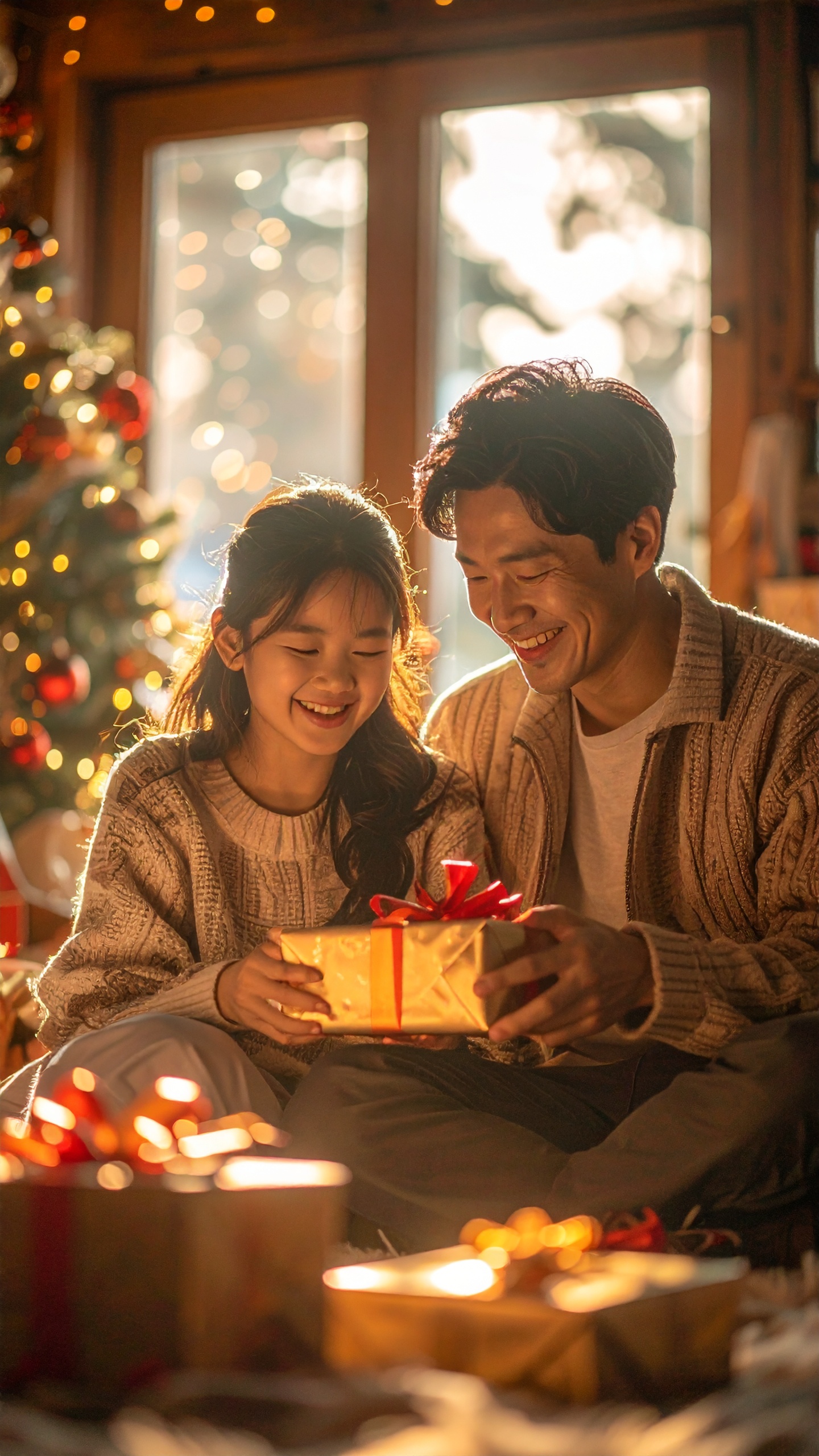 A father and daughter joyfully exchange a gift beside a glowing Christmas tree