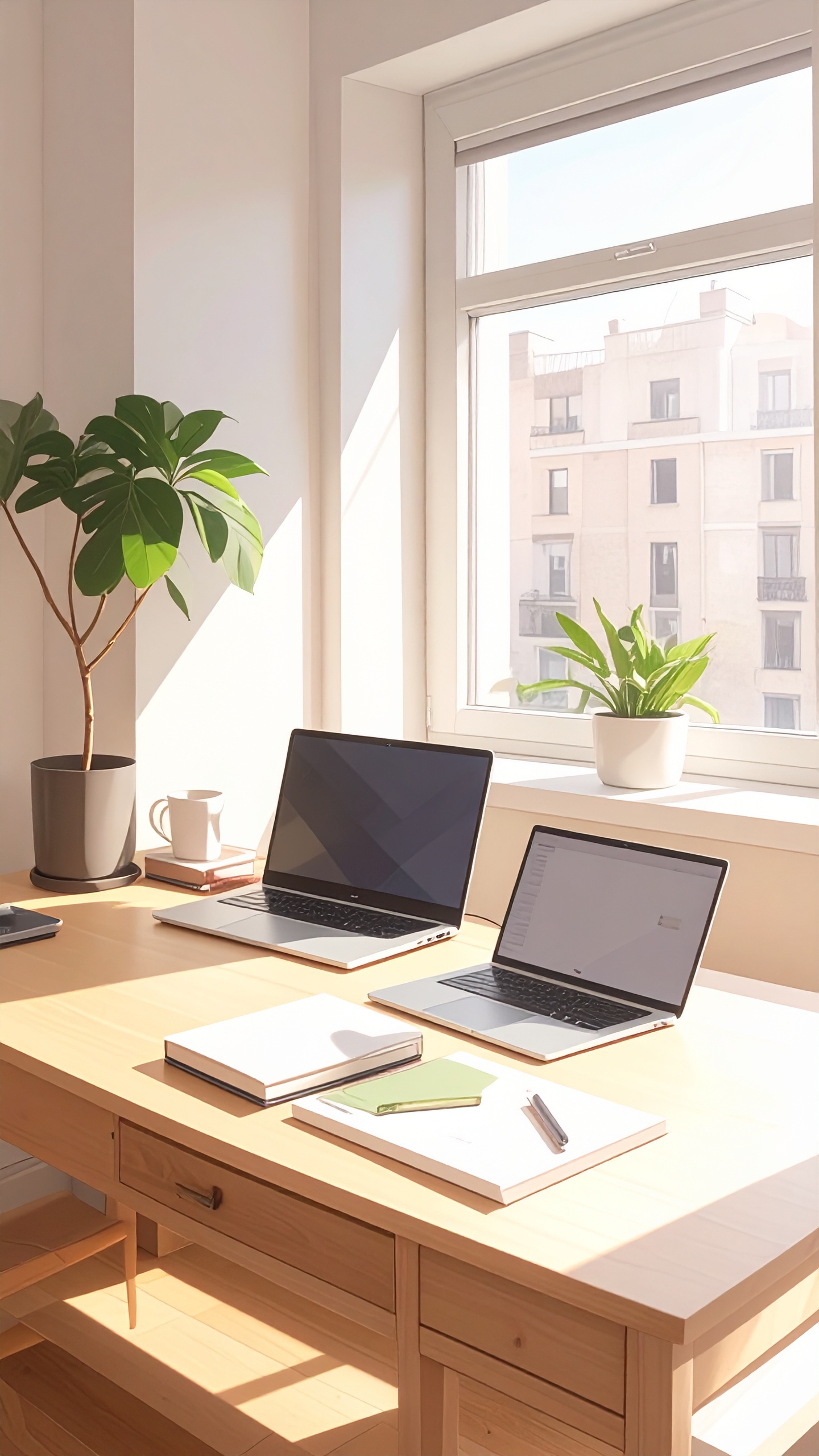 A bright and airy home office setup with two laptops on a wooden desk
