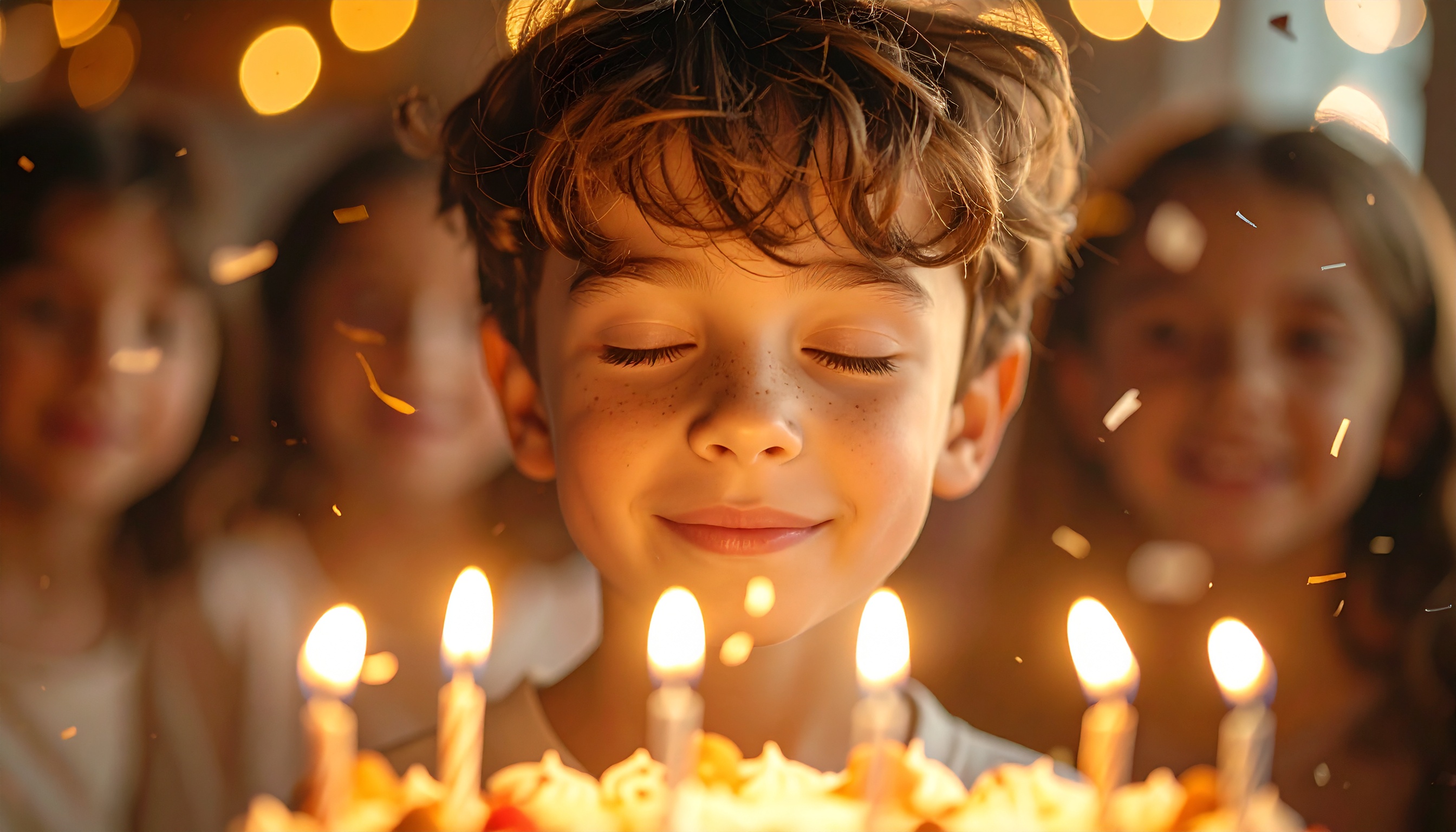 Criança sorridente de olhos fechados prestes a soprar velas de aniversário, transmitindo alegria e inocência, cercada por amigos em uma festa iluminada por luzes aconchegantes.