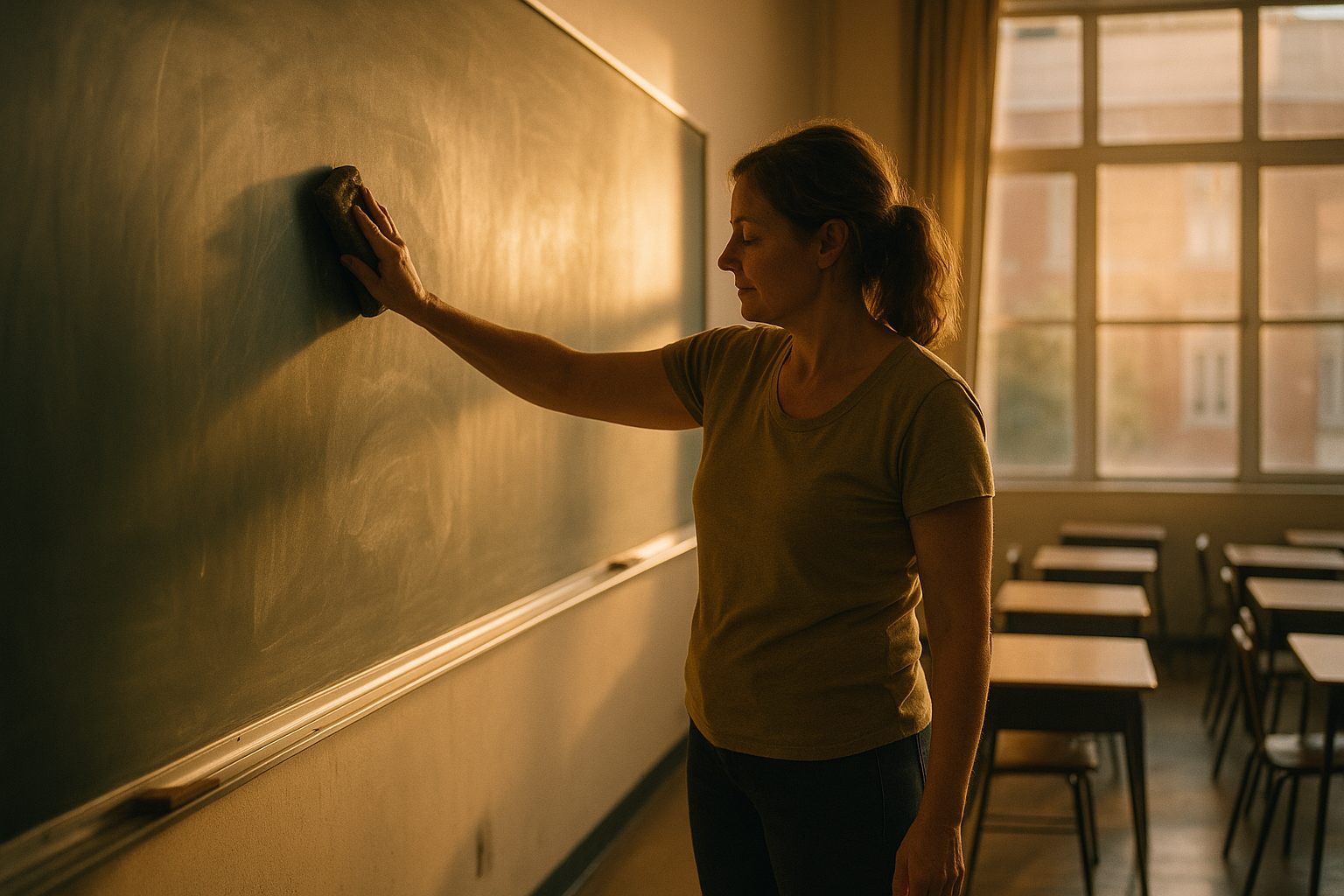 Woman Cleaning Blackboard in Classroom