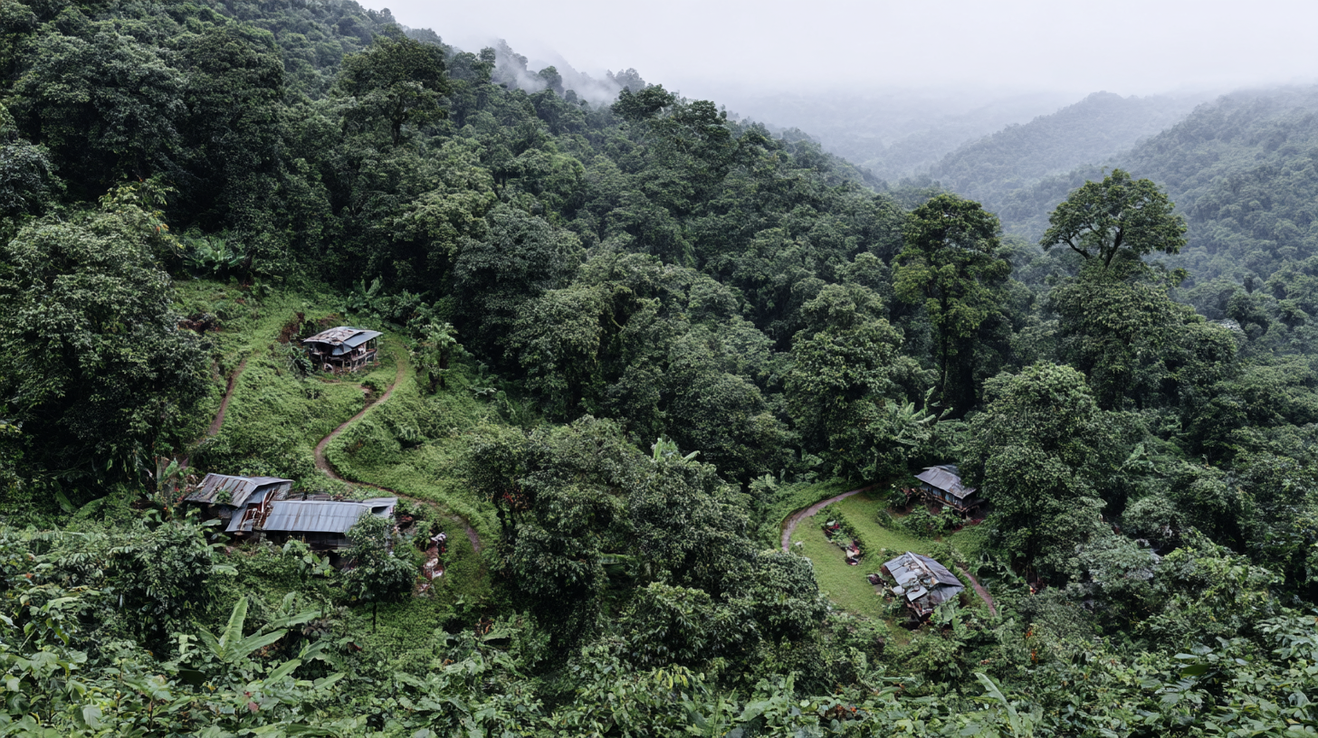Vista panorâmica de uma área rural cercada por densa floresta tropical, com casas simples de madeira e telhados metálicos, cercadas por trilhas sinuosas e vegetação exuberante. A paisagem é envolta em um clima nublado, criando uma atmosfera serena e natural.