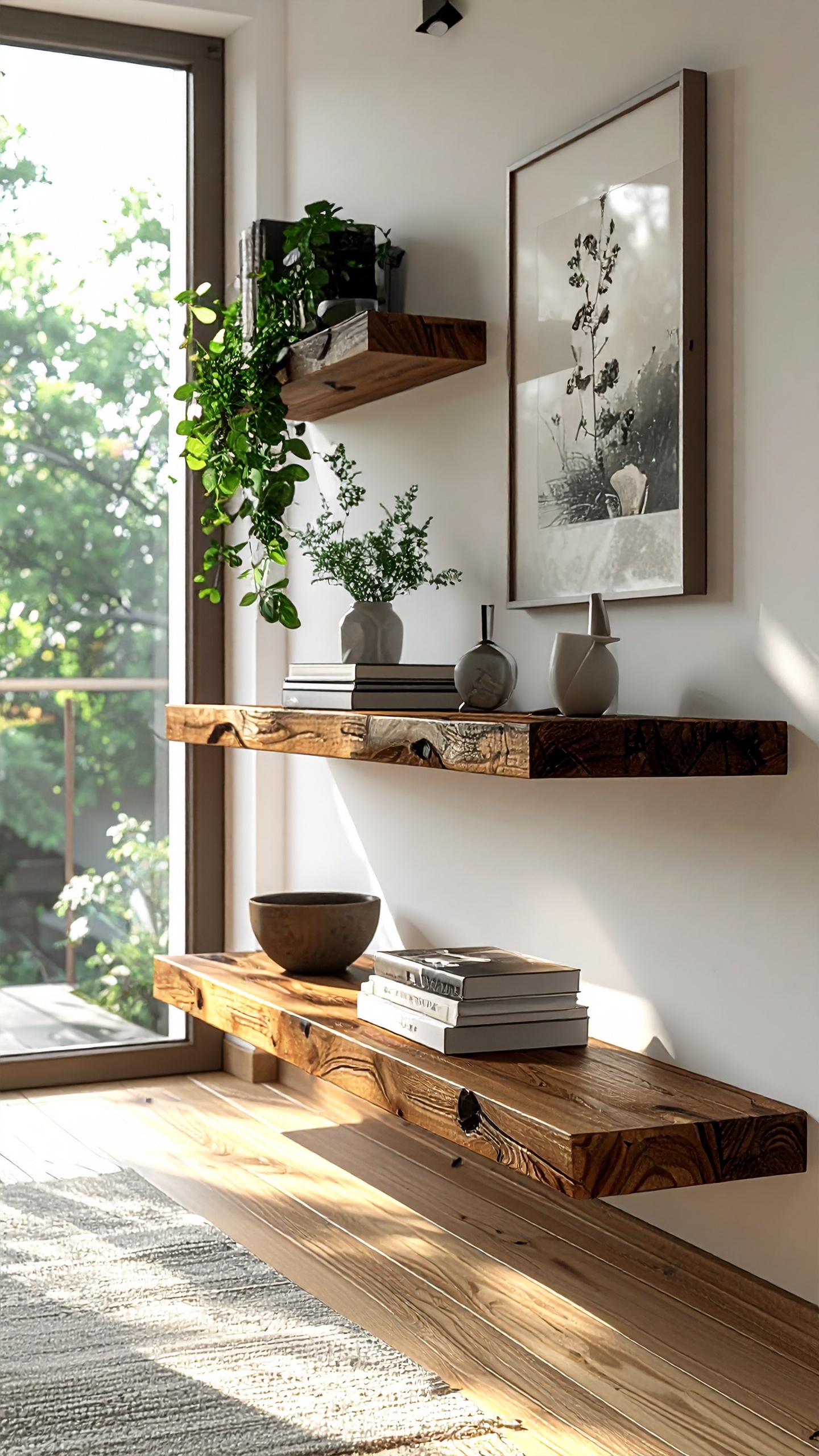 Modern Living Room with Floating Wooden Shelves