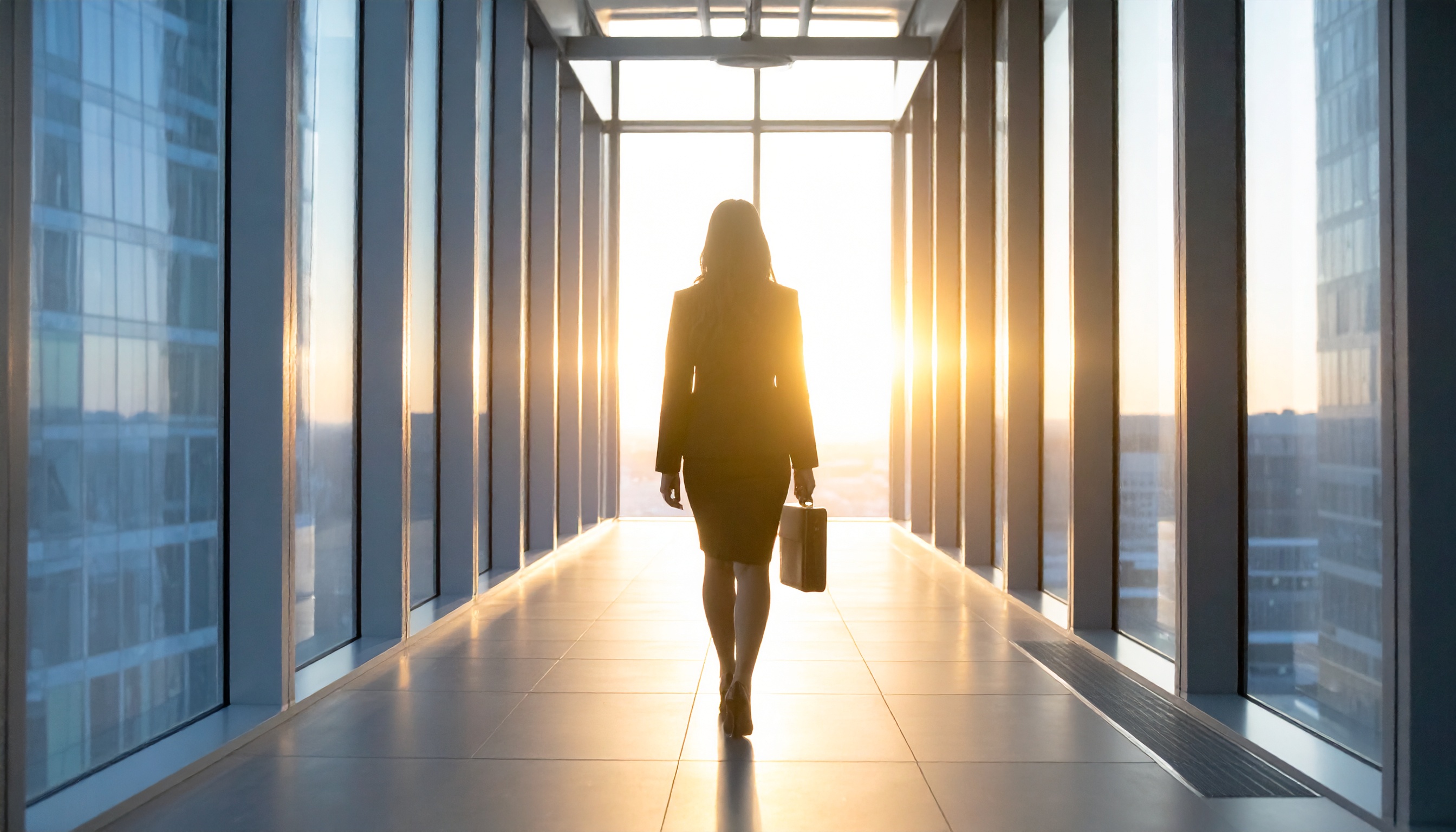 Silhueta de uma mulher caminhando por um corredor moderno de escritório ao pôr do sol, transmitindo determinação e sucesso profissional, com luz dourada iluminando o espaço.
