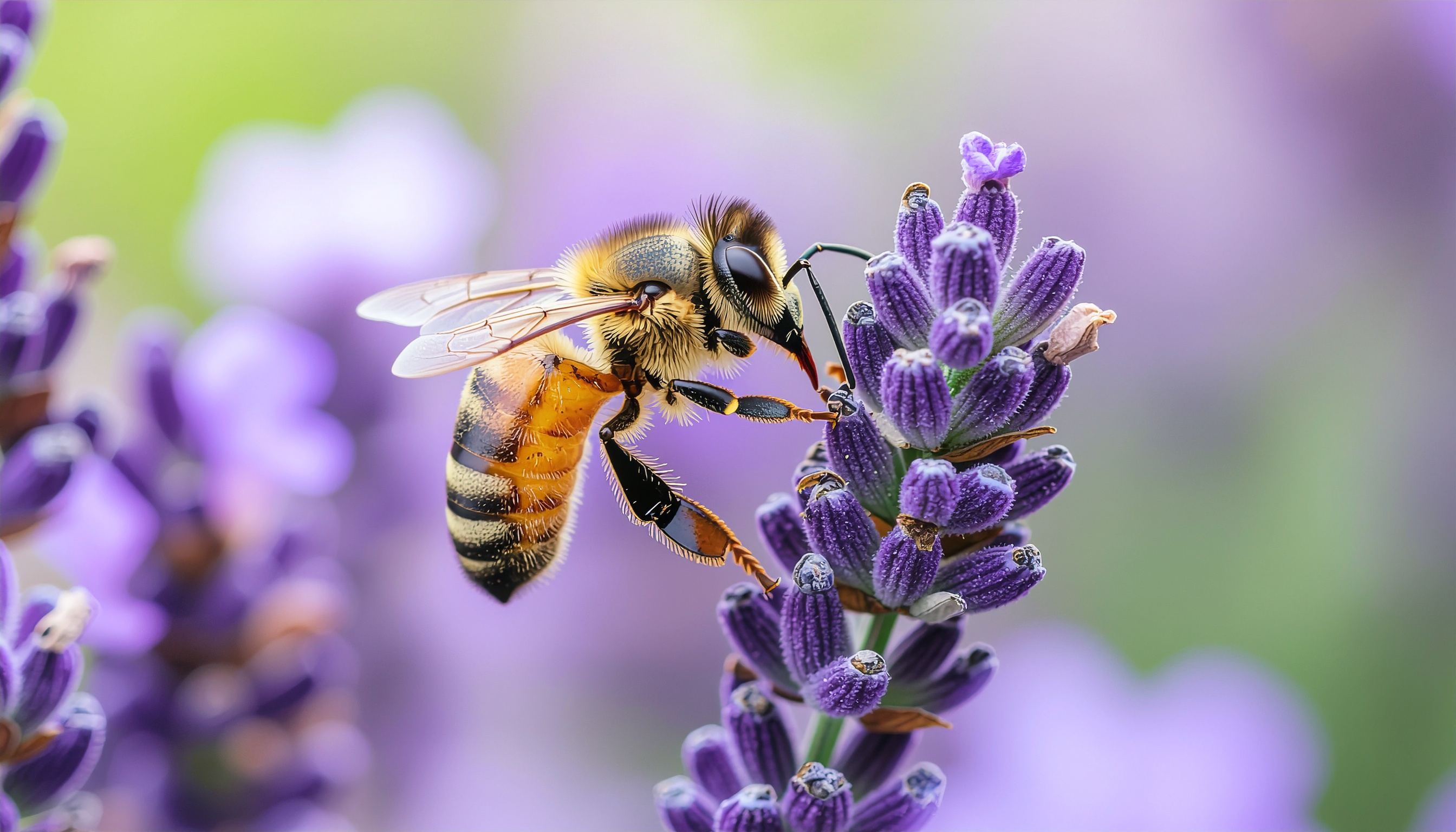 Bee Landing on Purple Lavender Flower in Close-Up
