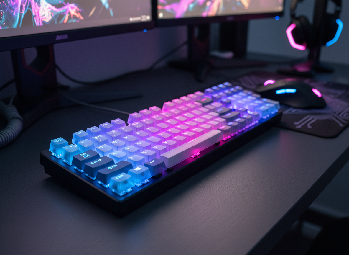 Setup de computador gamer com teclado mecânico iluminado em tons de rosa e azul, dois monitores e mouse com LEDs coloridos em ambiente escuro. A composição destaca a estética futurista com foco no teclado, criando uma atmosfera imersiva e moderna.