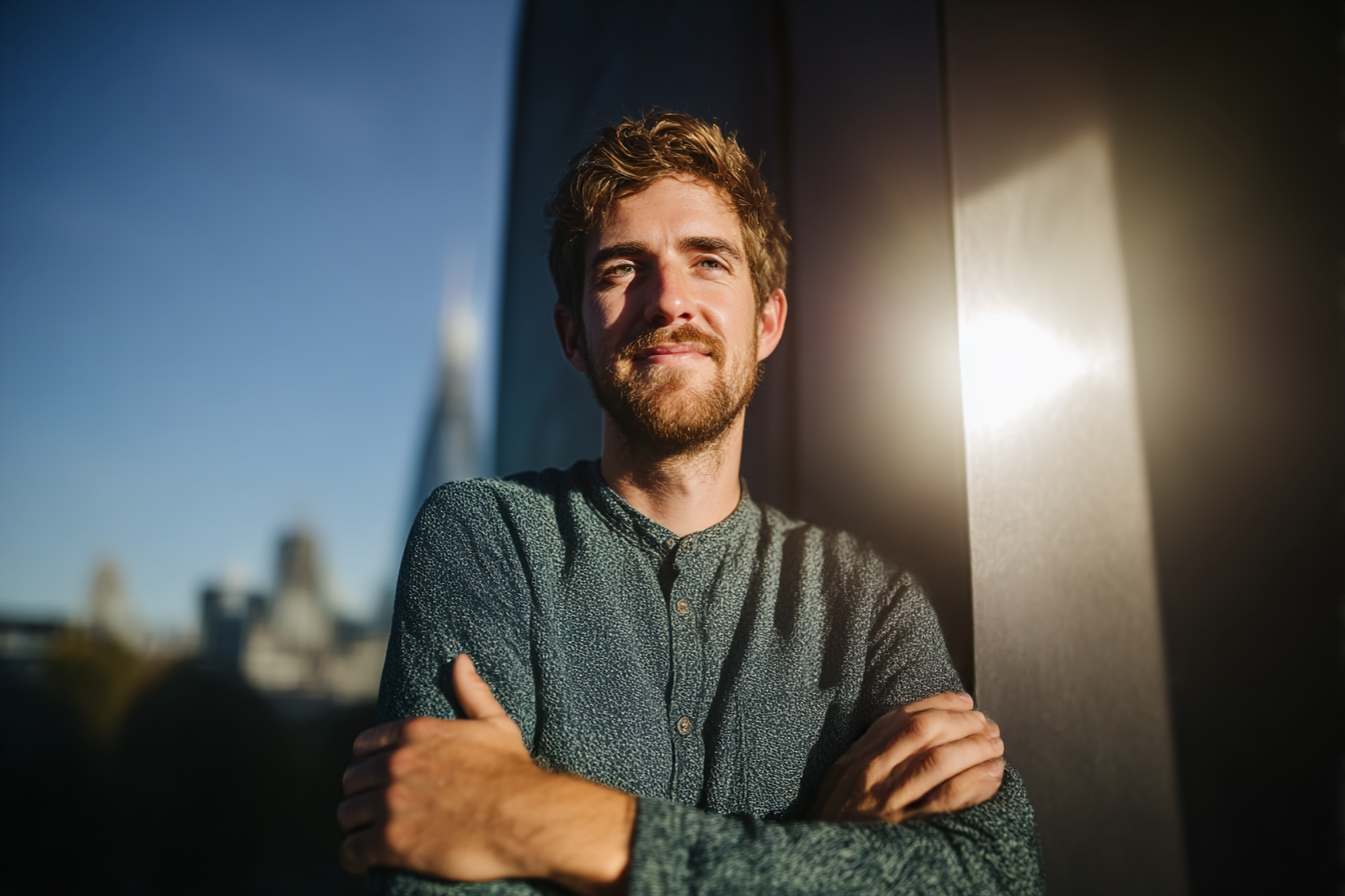 Homem de camisa verde-azulada contra parede refletiva, iluminado por luz solar intensa que cria um efeito de halo, céu azul claro ao fundo.