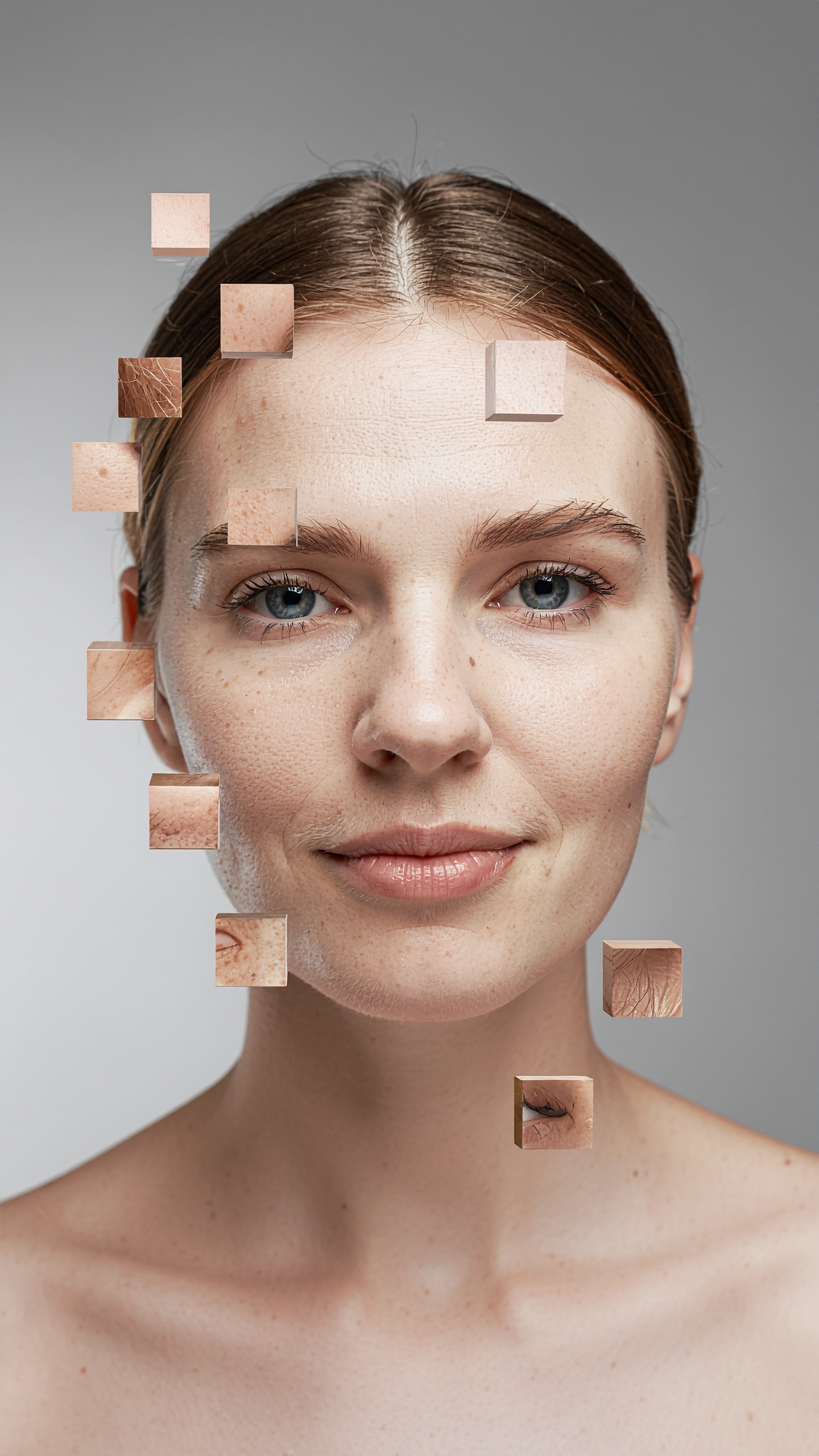 A woman's face with highlighted skin textures showcases skincare focus