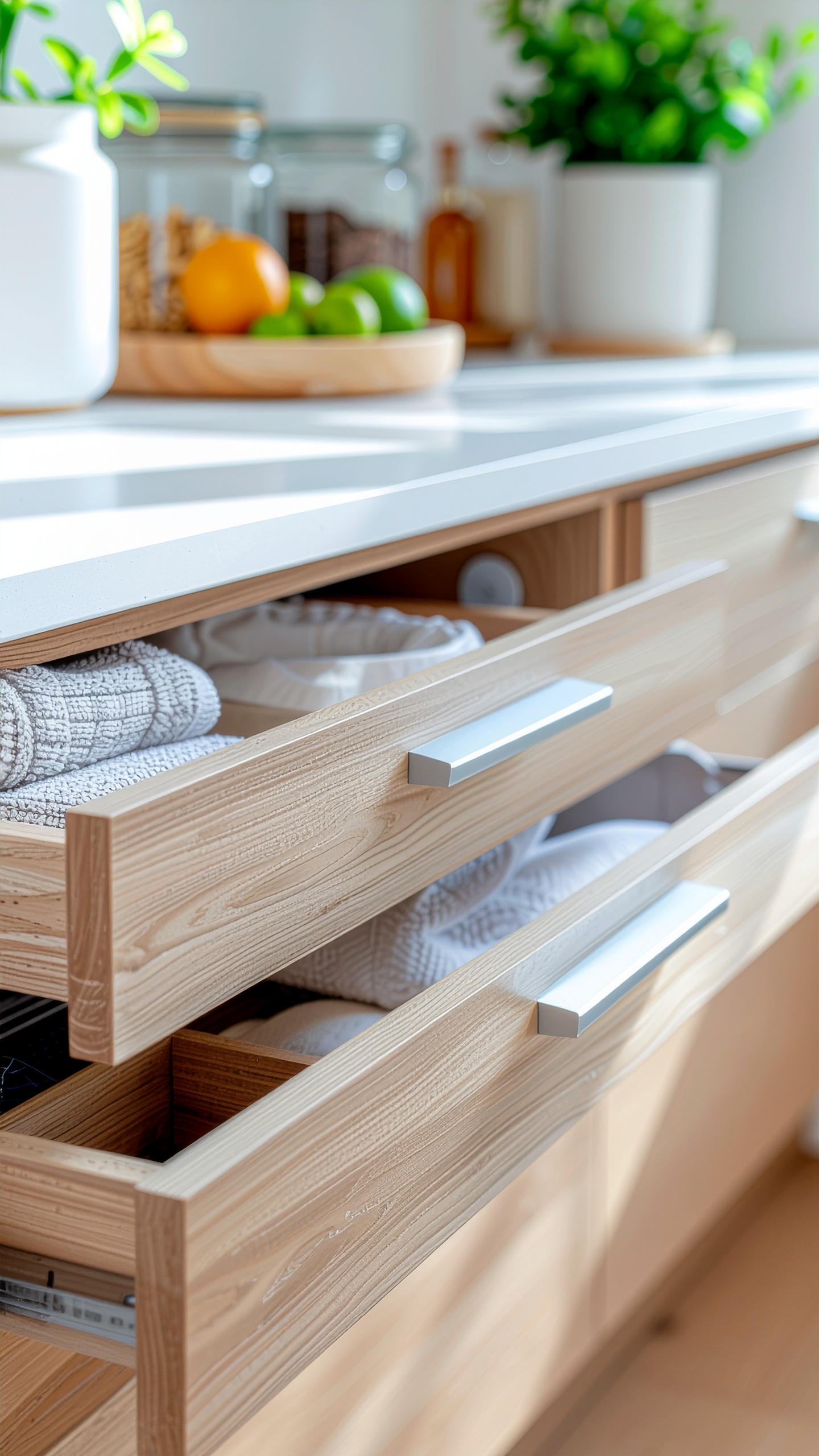 Natural wood kitchen drawers with modern silver handles are open, showcasing neatly organized towels