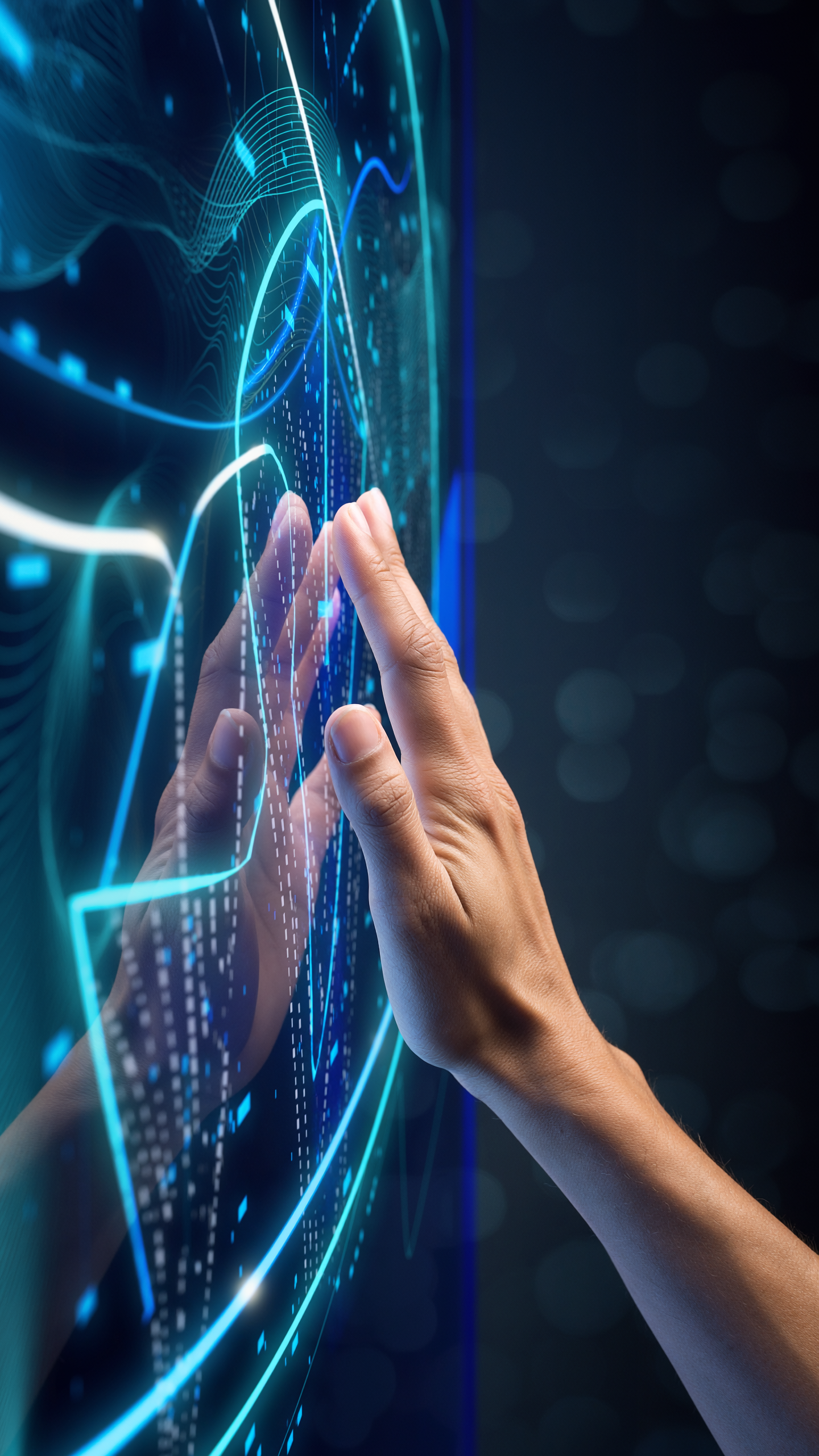 Mão toca tela holográfica com gráficos digitais em tons de azul neon. Linhas onduladas e pontos criam textura futurista em ambiente escuro e tecnológico.