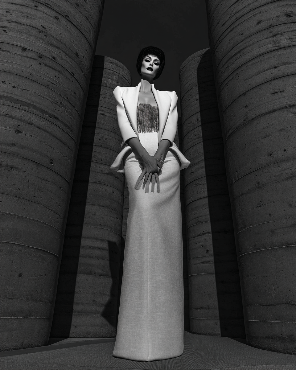 Uma figura feminina em traje elegante posa entre estruturas de concreto cilíndricas, em uma composição em preto e branco. A iluminação dramática acentua formas angulosas e cria um contraste marcante, enquanto a perspectiva de baixo para cima adiciona uma sensação de grandiosidade e imponência à imagem.
