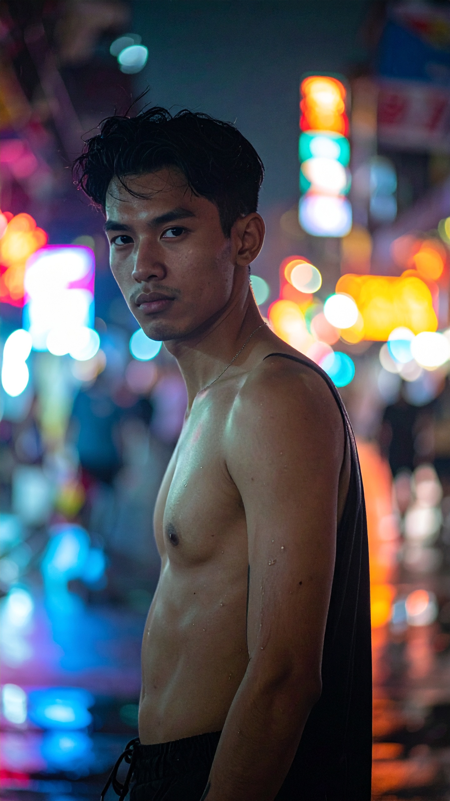Vibrant Night Portrait of a Young Man in Neon Lights