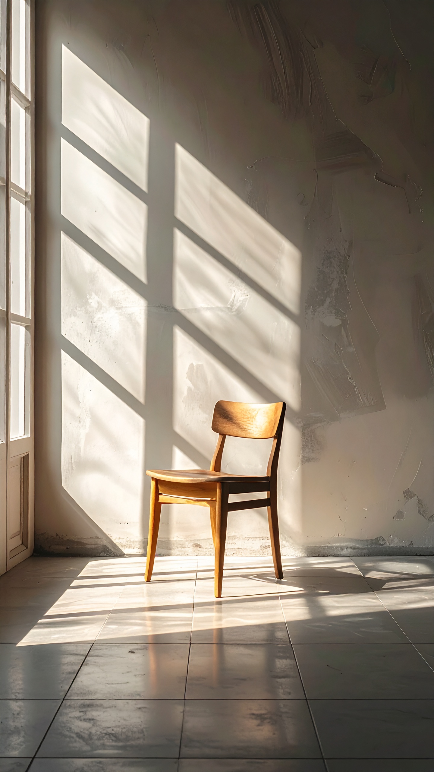 A wooden chair sits elegantly in soft sunlight, casting shadows on a tiled floor